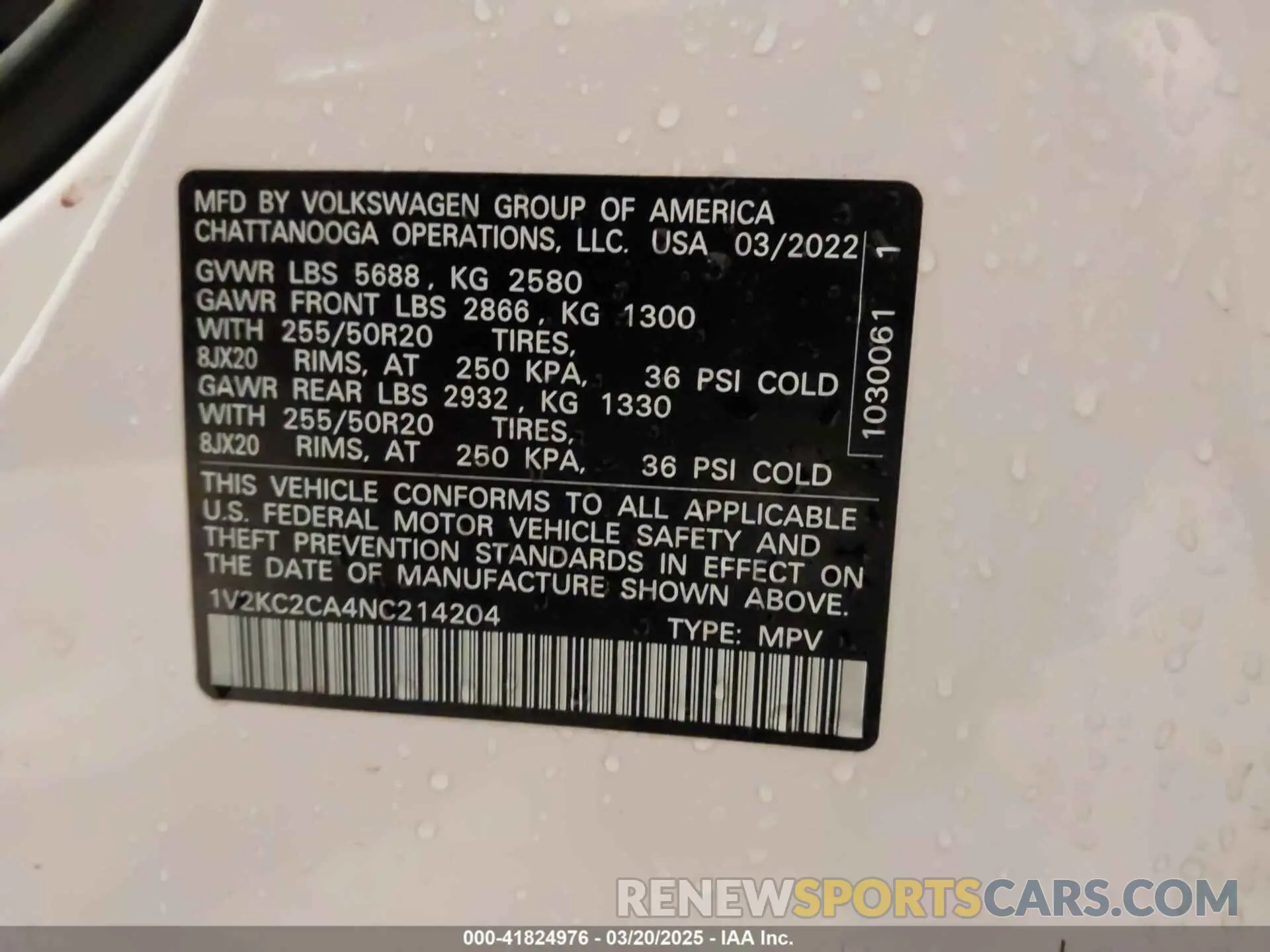 9 Photograph of a damaged car 1V2KC2CA4NC214204 VOLKSWAGEN ATLAS CROSS SPORT 2022