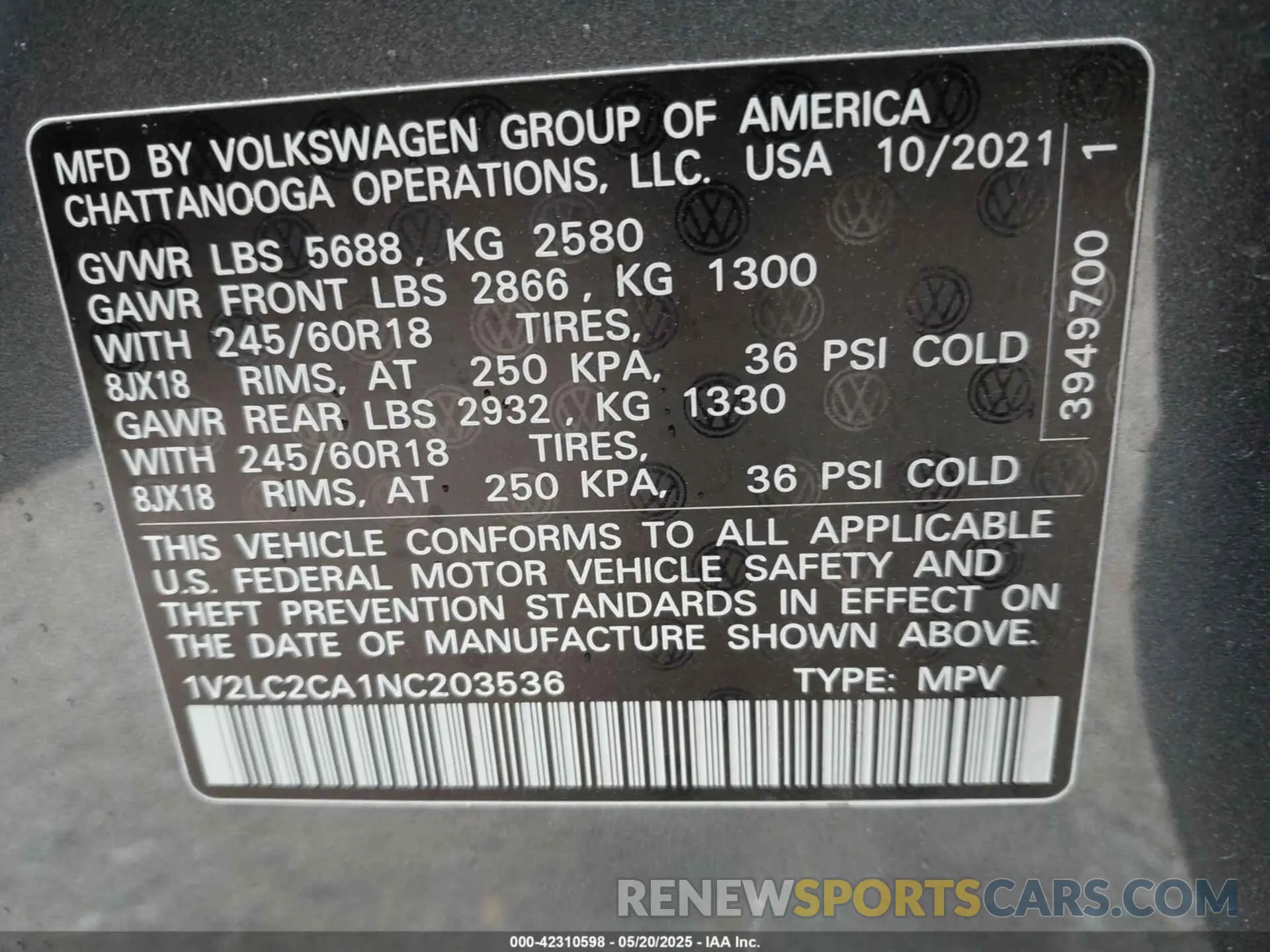9 Photograph of a damaged car 1V2LC2CA1NC203536 VOLKSWAGEN ATLAS CROSS SPORT 2022
