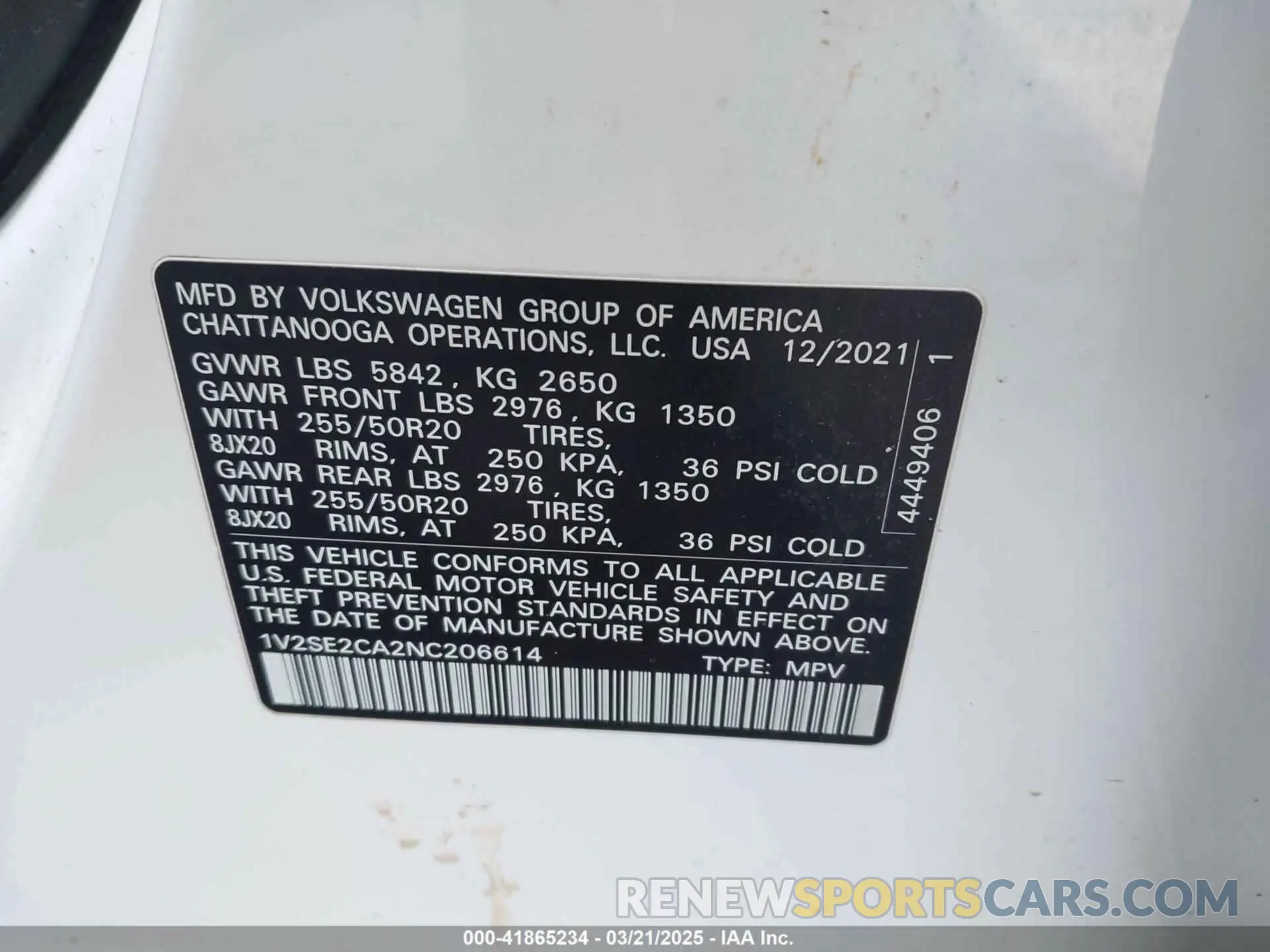 9 Photograph of a damaged car 1V2SE2CA2NC206614 VOLKSWAGEN ATLAS CROSS SPORT 2022