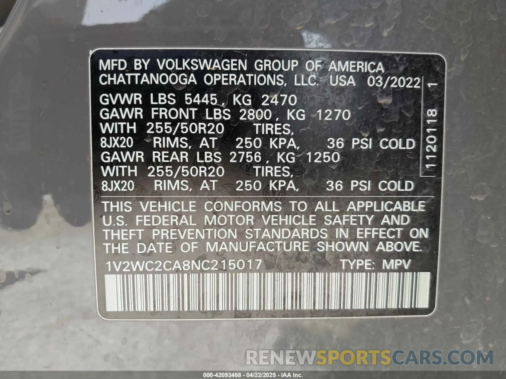 9 Photograph of a damaged car 1V2WC2CA8NC215017 VOLKSWAGEN ATLAS CROSS SPORT 2022