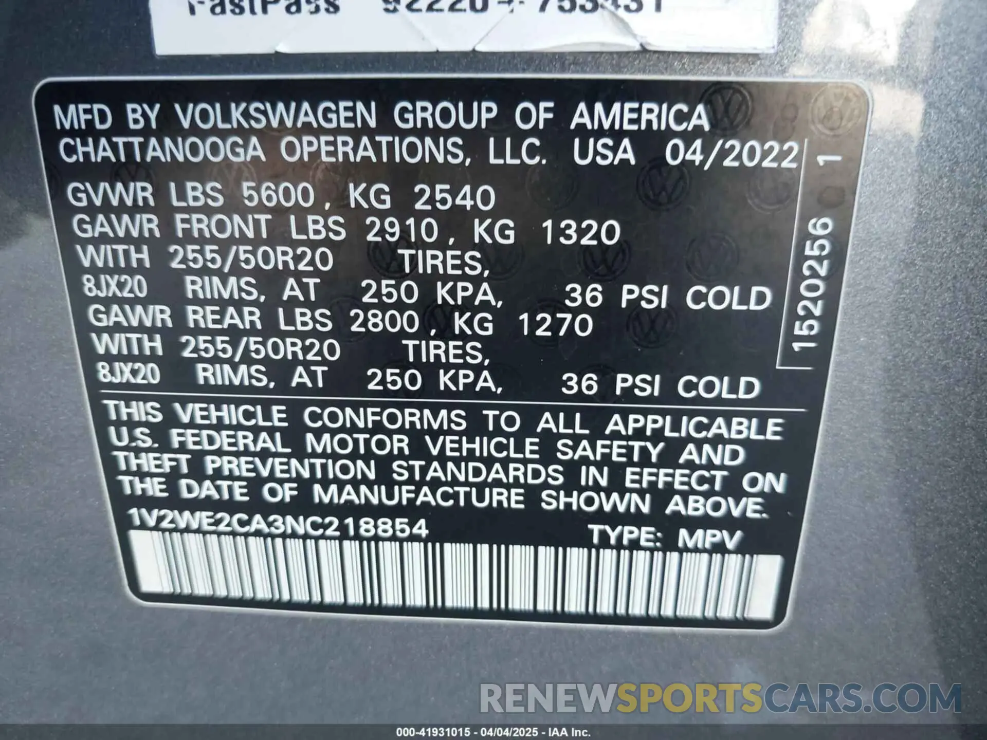 9 Photograph of a damaged car 1V2WE2CA3NC218854 VOLKSWAGEN ATLAS CROSS SPORT 2022