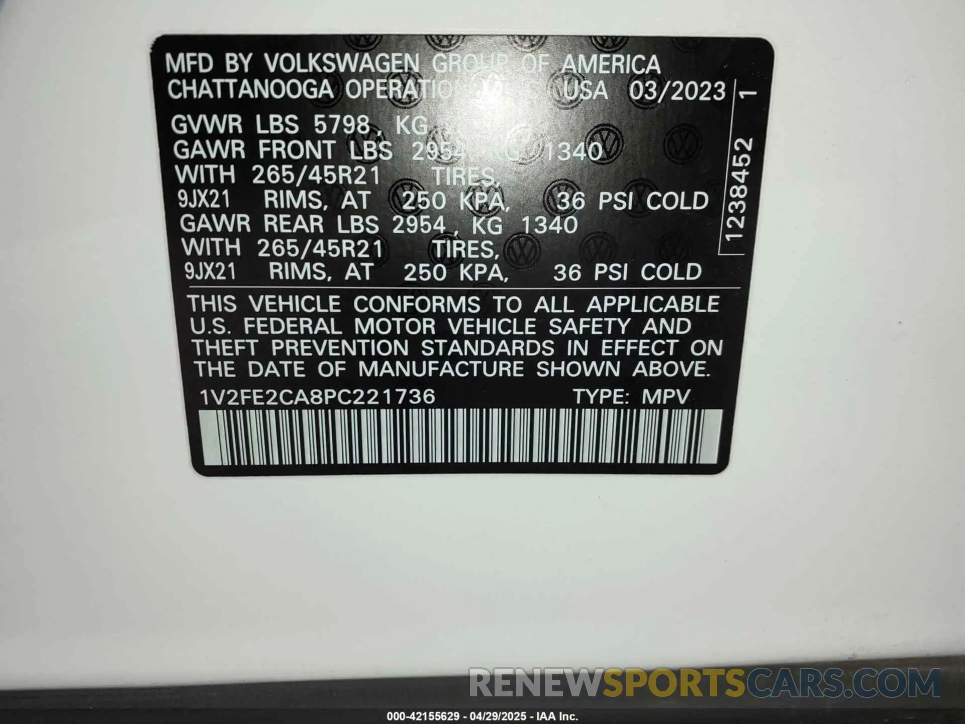 9 Photograph of a damaged car 1V2FE2CA8PC221736 VOLKSWAGEN ATLAS CROSS SPORT 2023