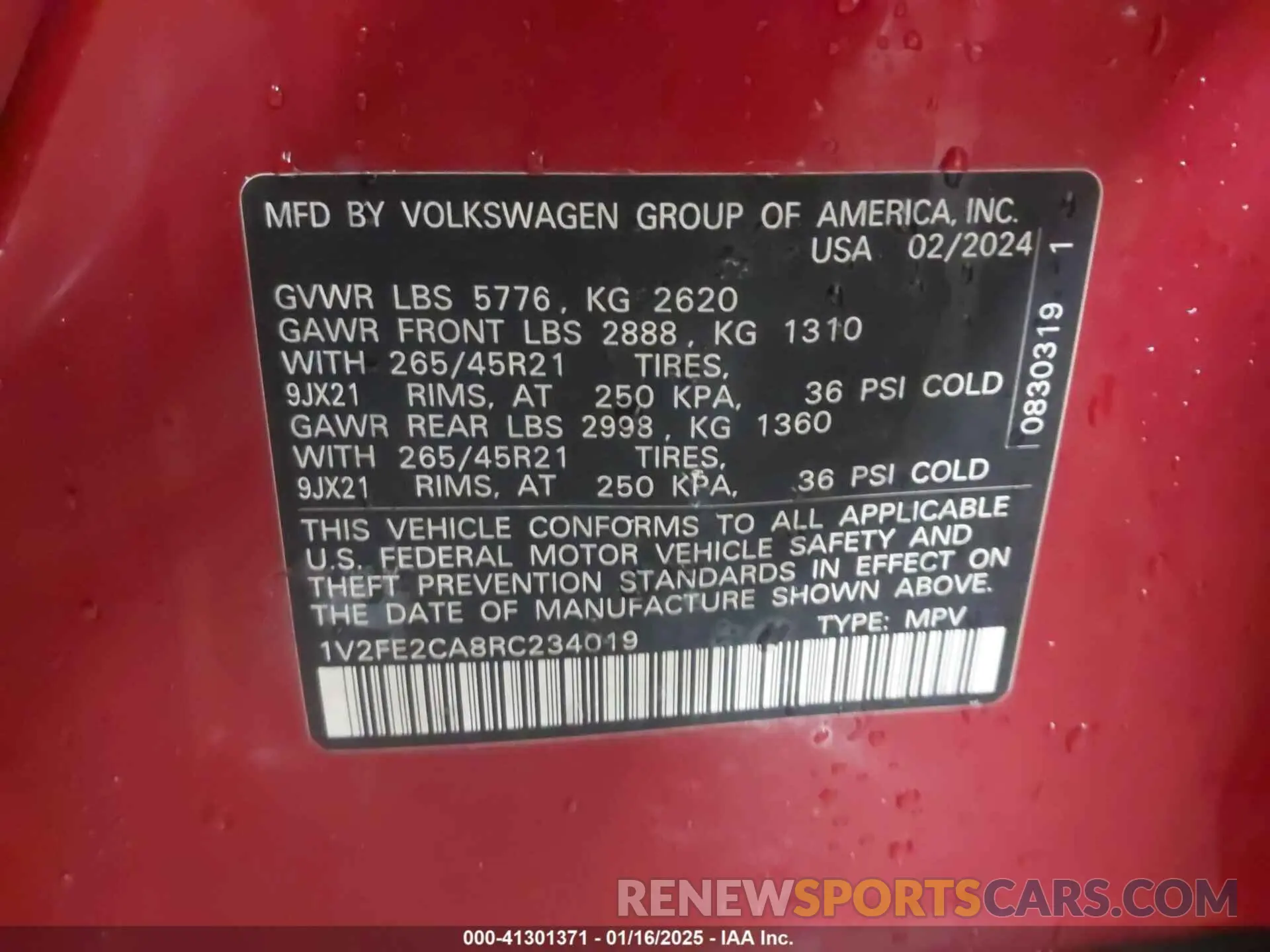 9 Photograph of a damaged car 1V2FE2CA8RC234019 VOLKSWAGEN ATLAS CROSS SPORT 2024