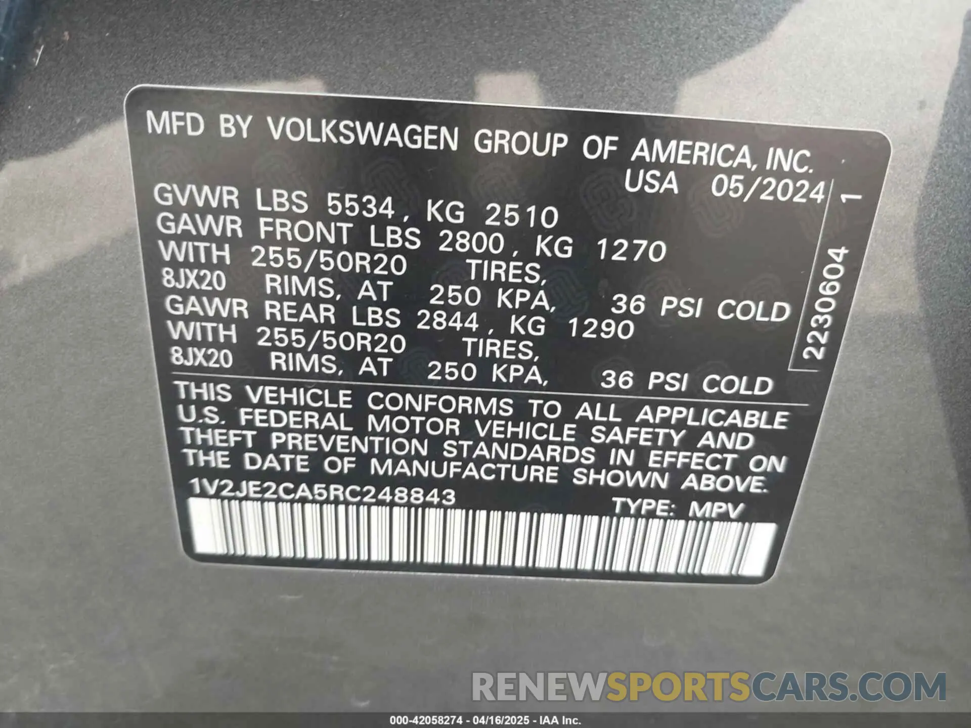9 Photograph of a damaged car 1V2JE2CA5RC248843 VOLKSWAGEN ATLAS CROSS SPORT 2024