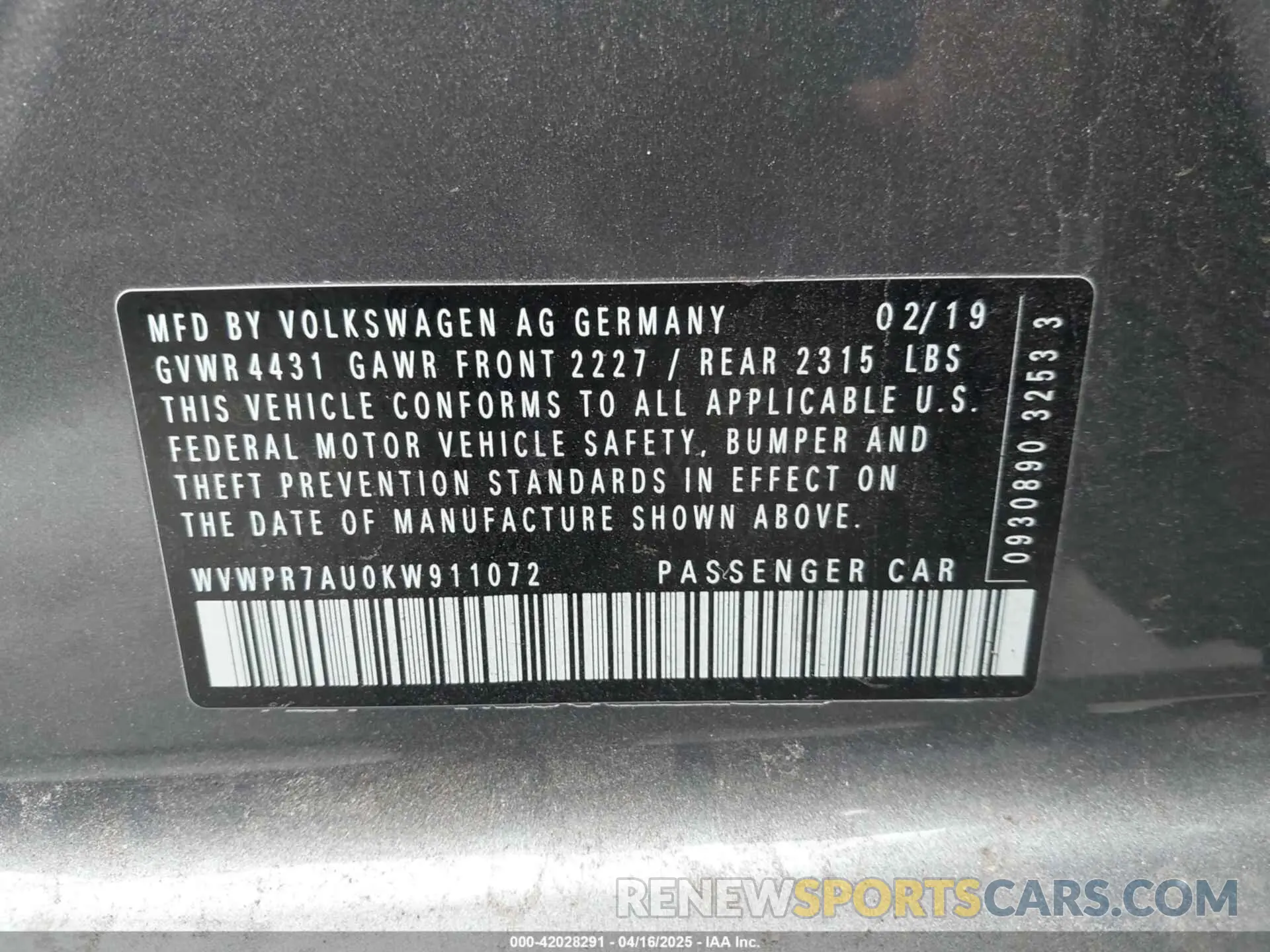 9 Photograph of a damaged car WVWPR7AU0KW911072 VOLKSWAGEN E-GOLF 2019