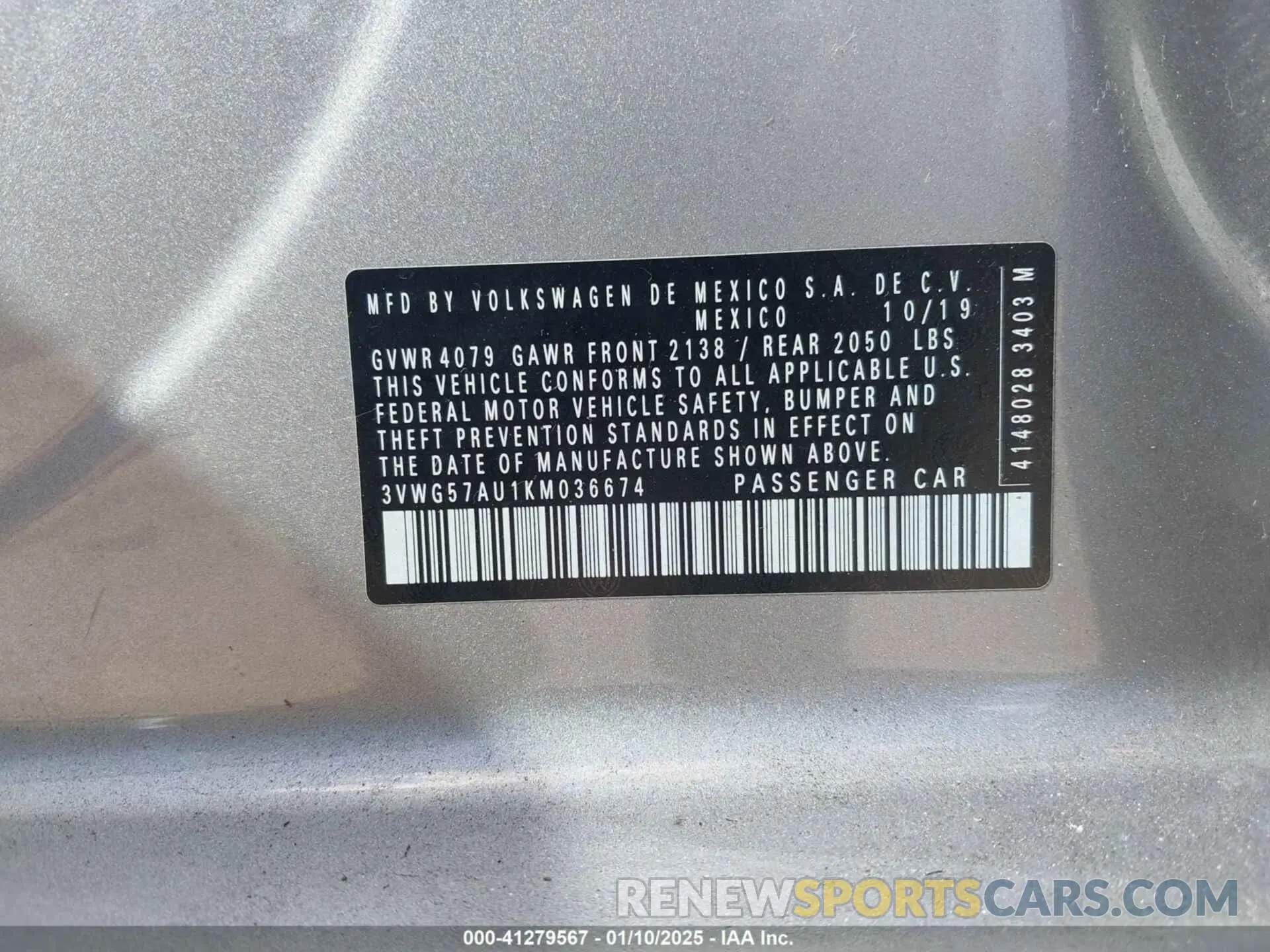 9 Photograph of a damaged car 3VWG57AU1KM036674 VOLKSWAGEN GOLF 2019