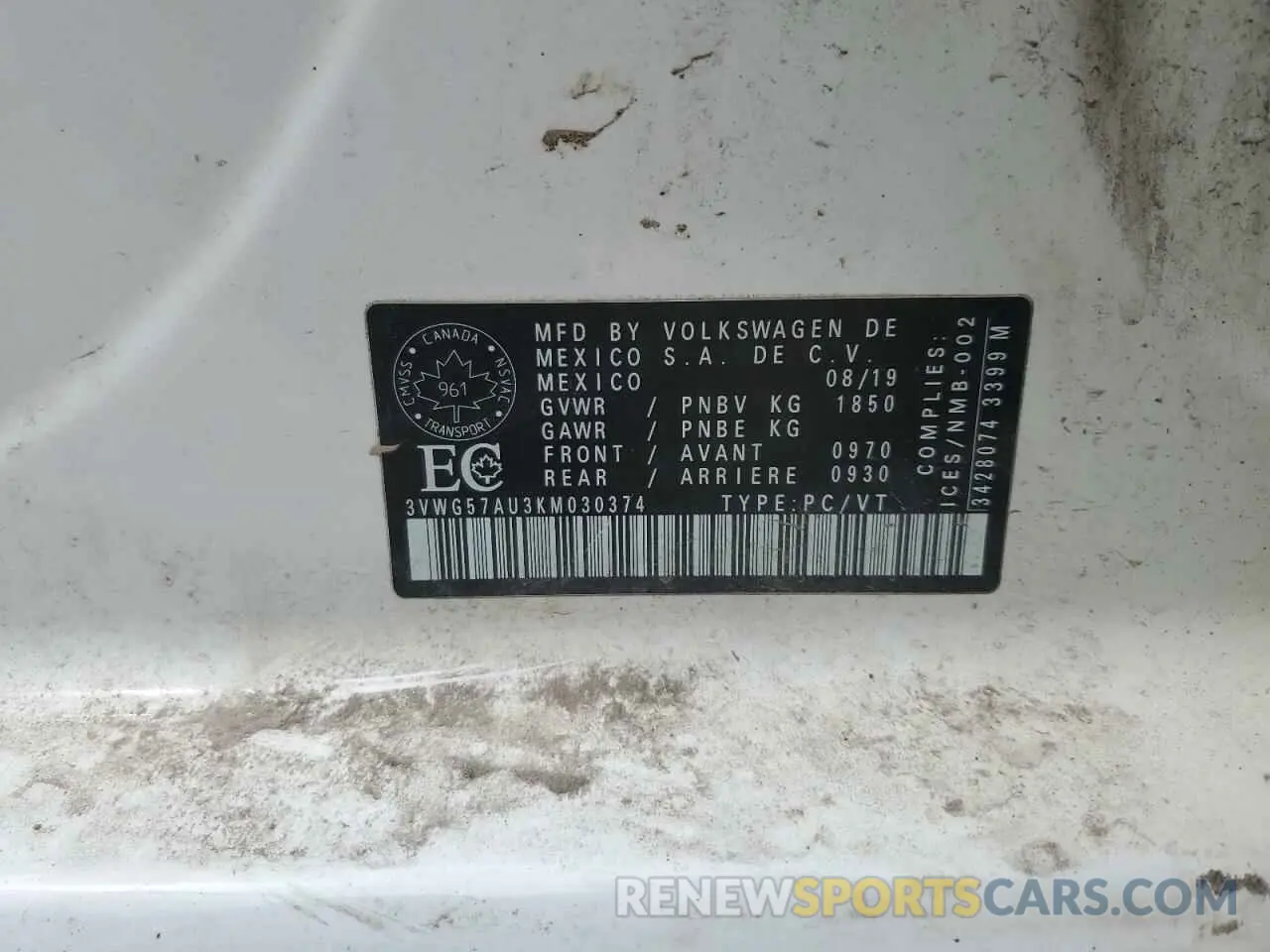 13 Photograph of a damaged car 3VWG57AU3KM030374 VOLKSWAGEN GOLF 2019