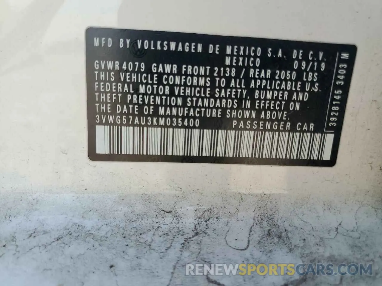 13 Photograph of a damaged car 3VWG57AU3KM035400 VOLKSWAGEN GOLF 2019
