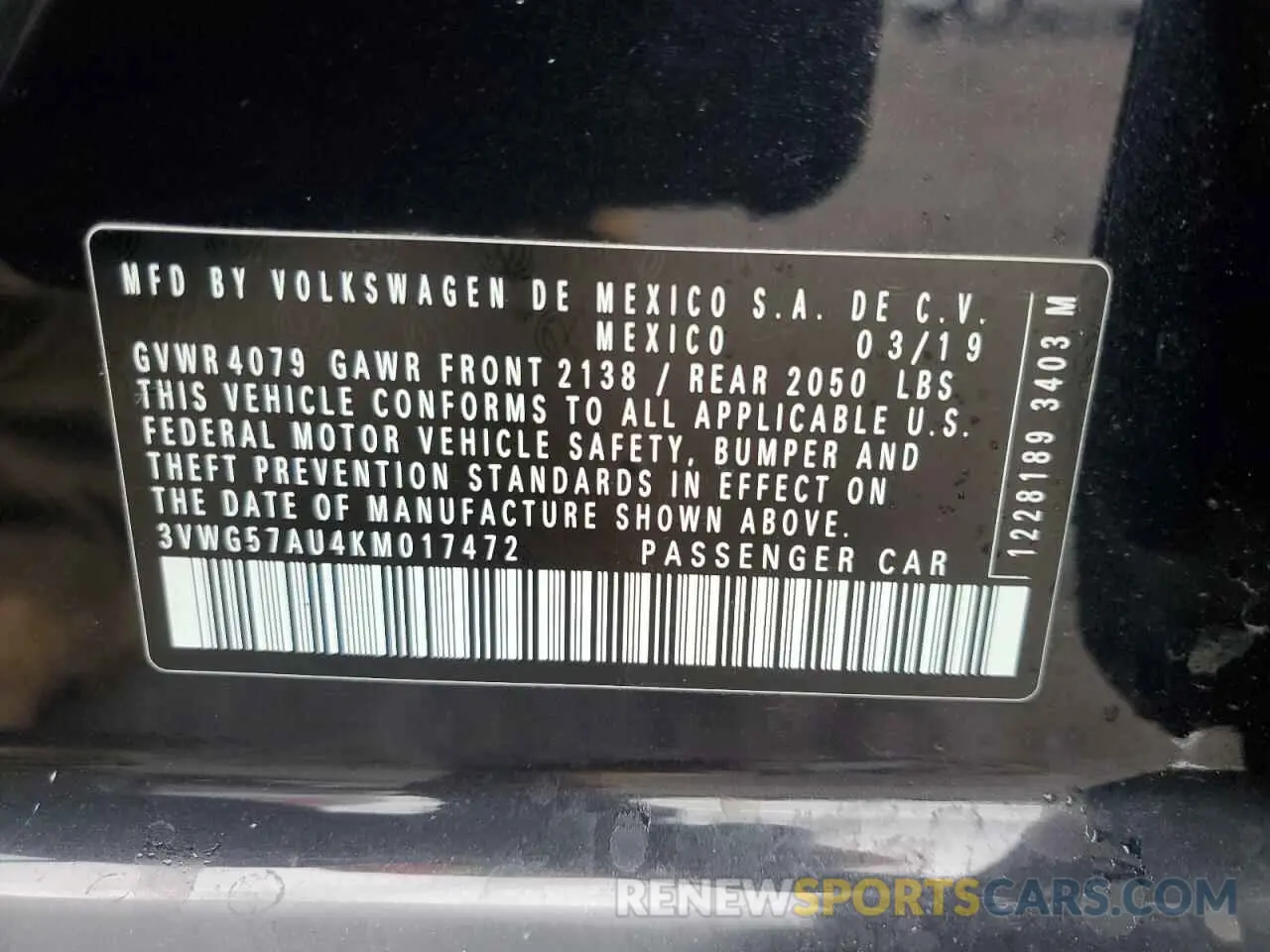 12 Photograph of a damaged car 3VWG57AU4KM017472 VOLKSWAGEN GOLF 2019