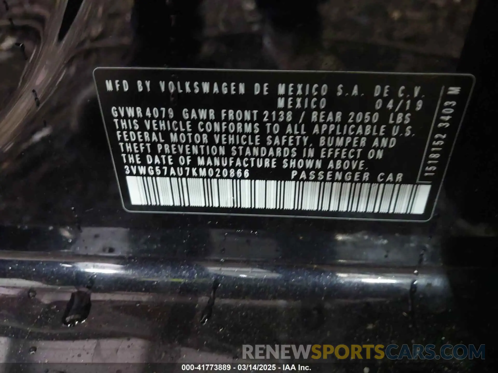 9 Photograph of a damaged car 3VWG57AU7KM020866 VOLKSWAGEN GOLF 2019