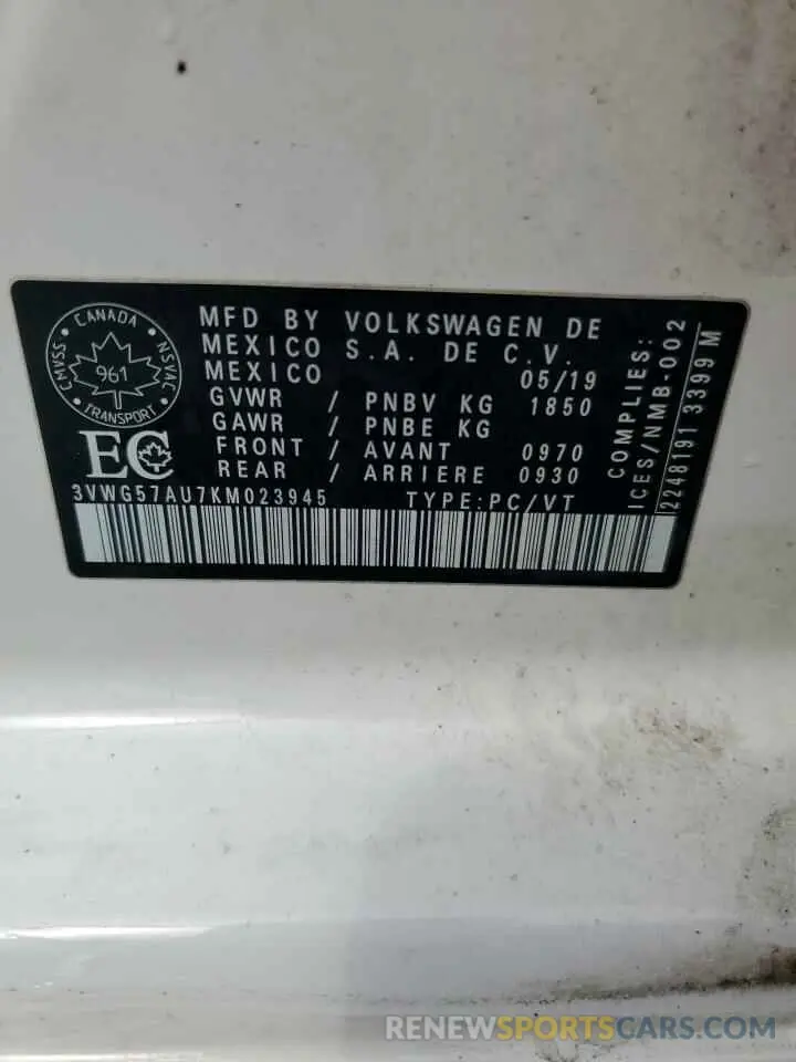 12 Photograph of a damaged car 3VWG57AU7KM023945 VOLKSWAGEN GOLF 2019