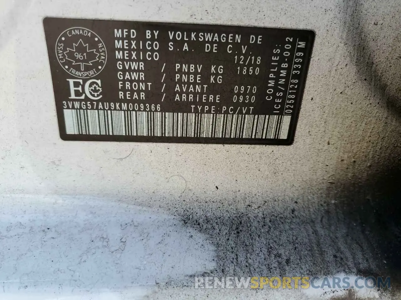 12 Photograph of a damaged car 3VWG57AU9KM009366 VOLKSWAGEN GOLF 2019