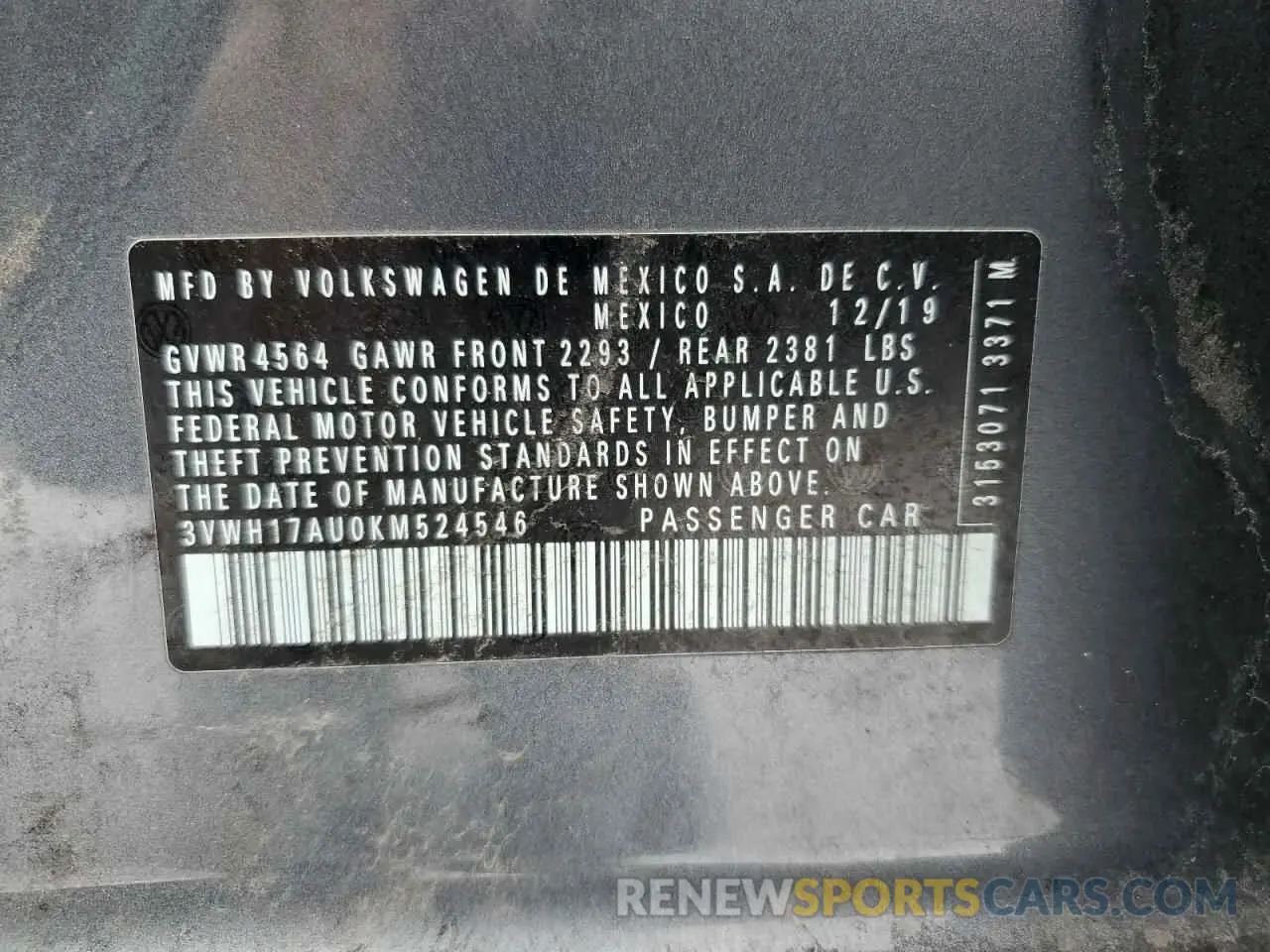 12 Photograph of a damaged car 3VWH17AU0KM524546 VOLKSWAGEN GOLF 2019