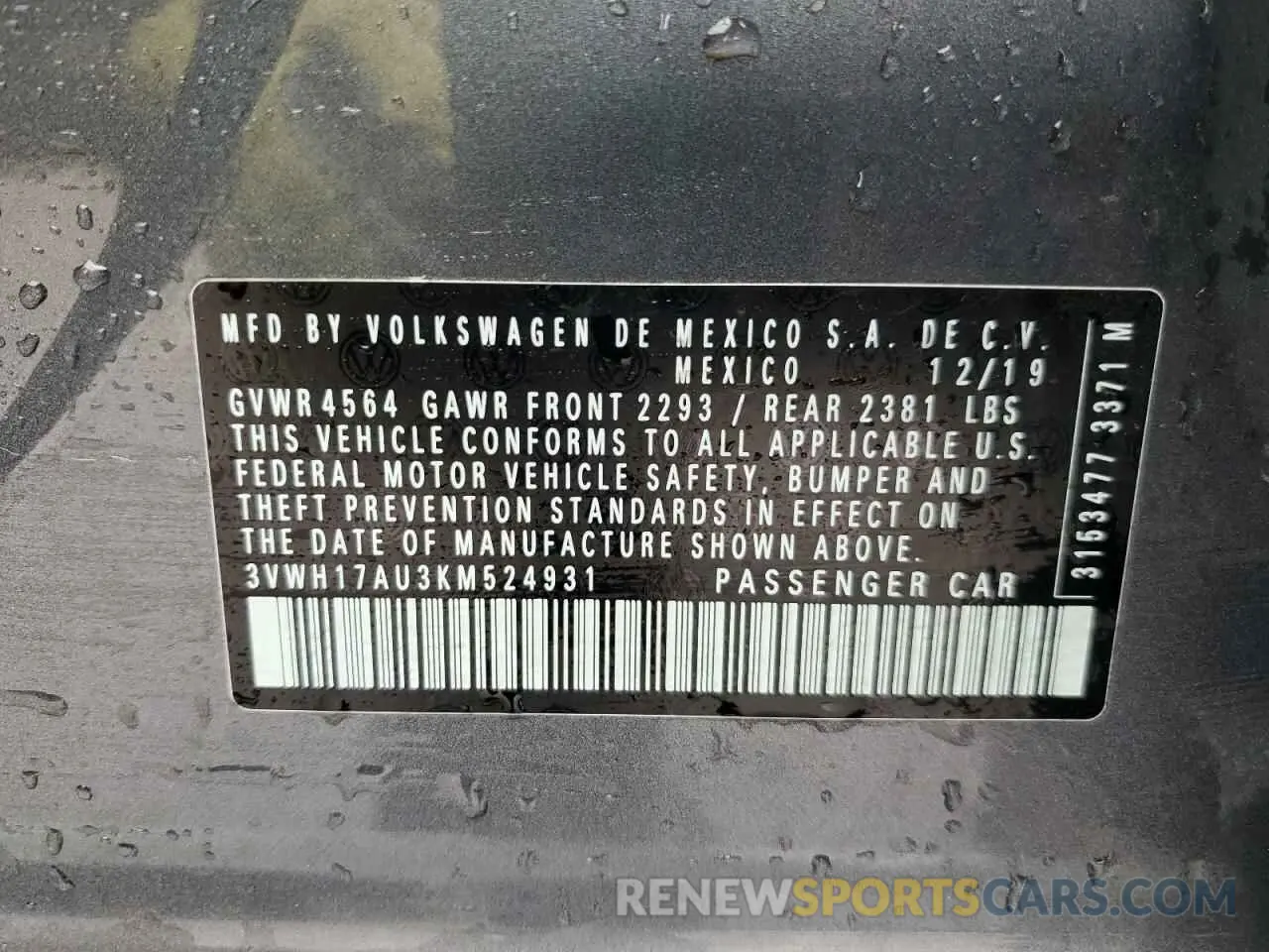 12 Photograph of a damaged car 3VWH17AU3KM524931 VOLKSWAGEN GOLF 2019