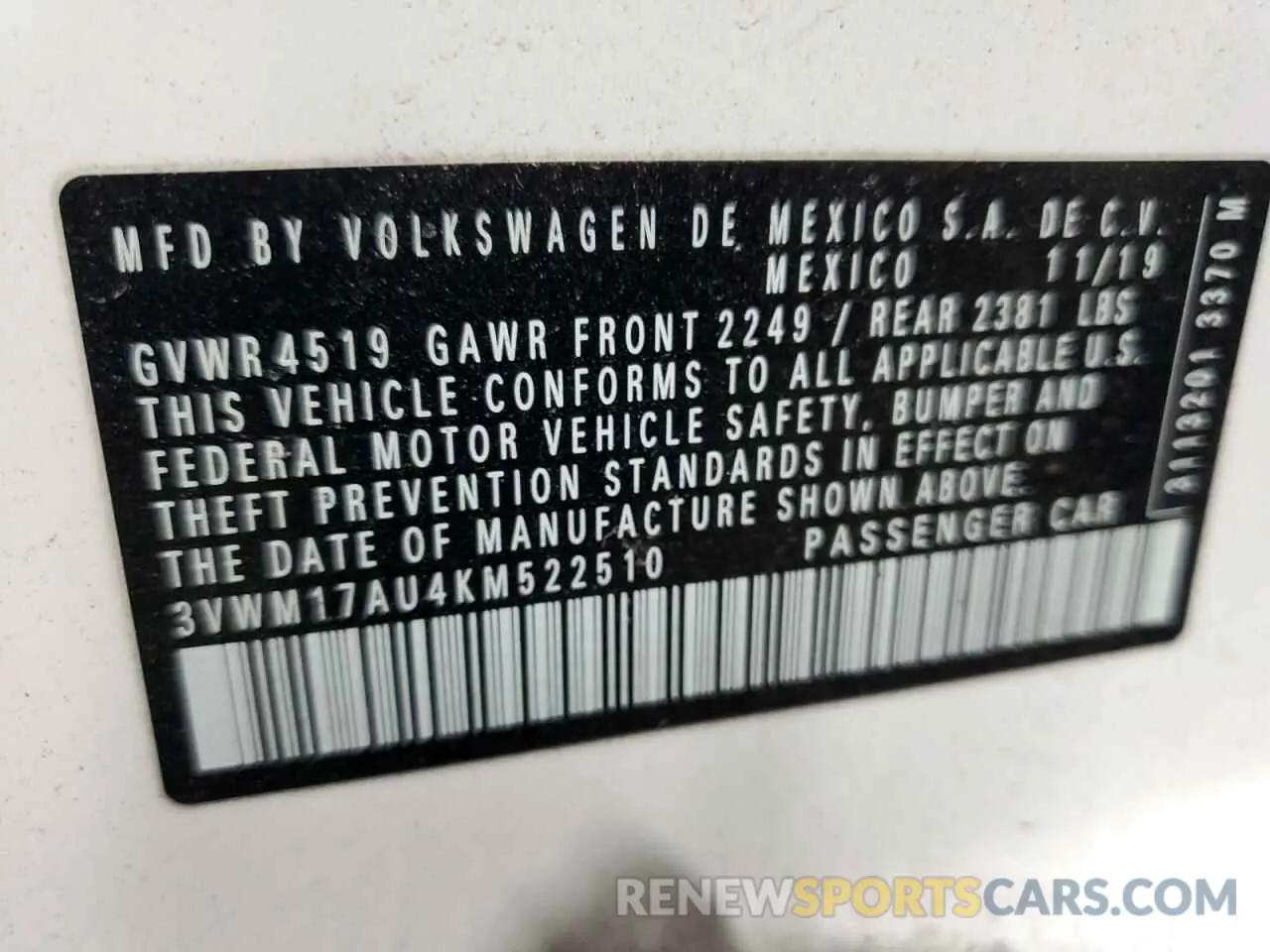 14 Photograph of a damaged car 3VWM17AU4KM522510 VOLKSWAGEN GOLF 2019