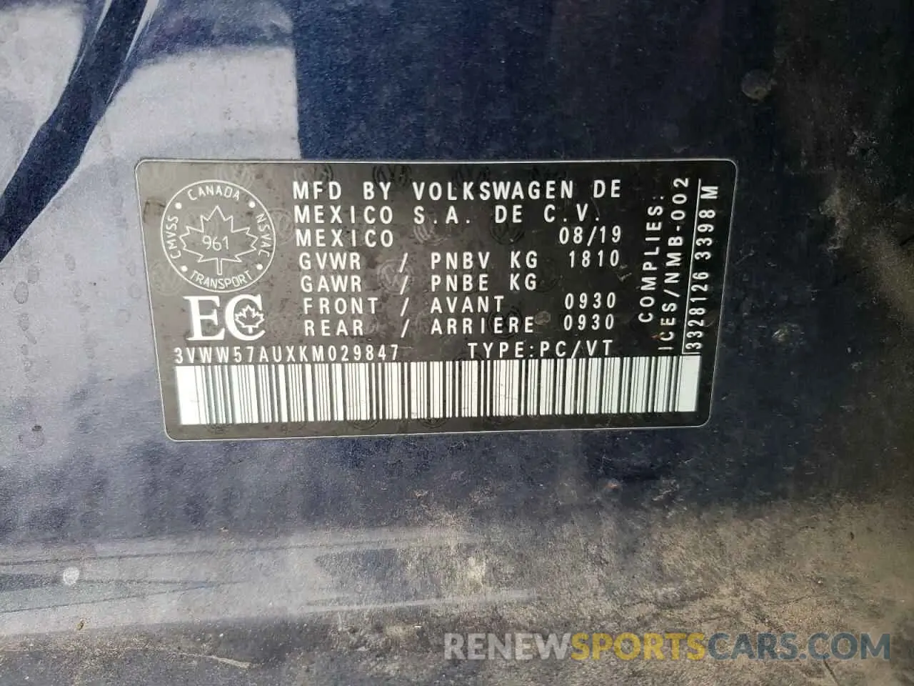 12 Photograph of a damaged car 3VWW57AUXKM029847 VOLKSWAGEN GOLF 2019