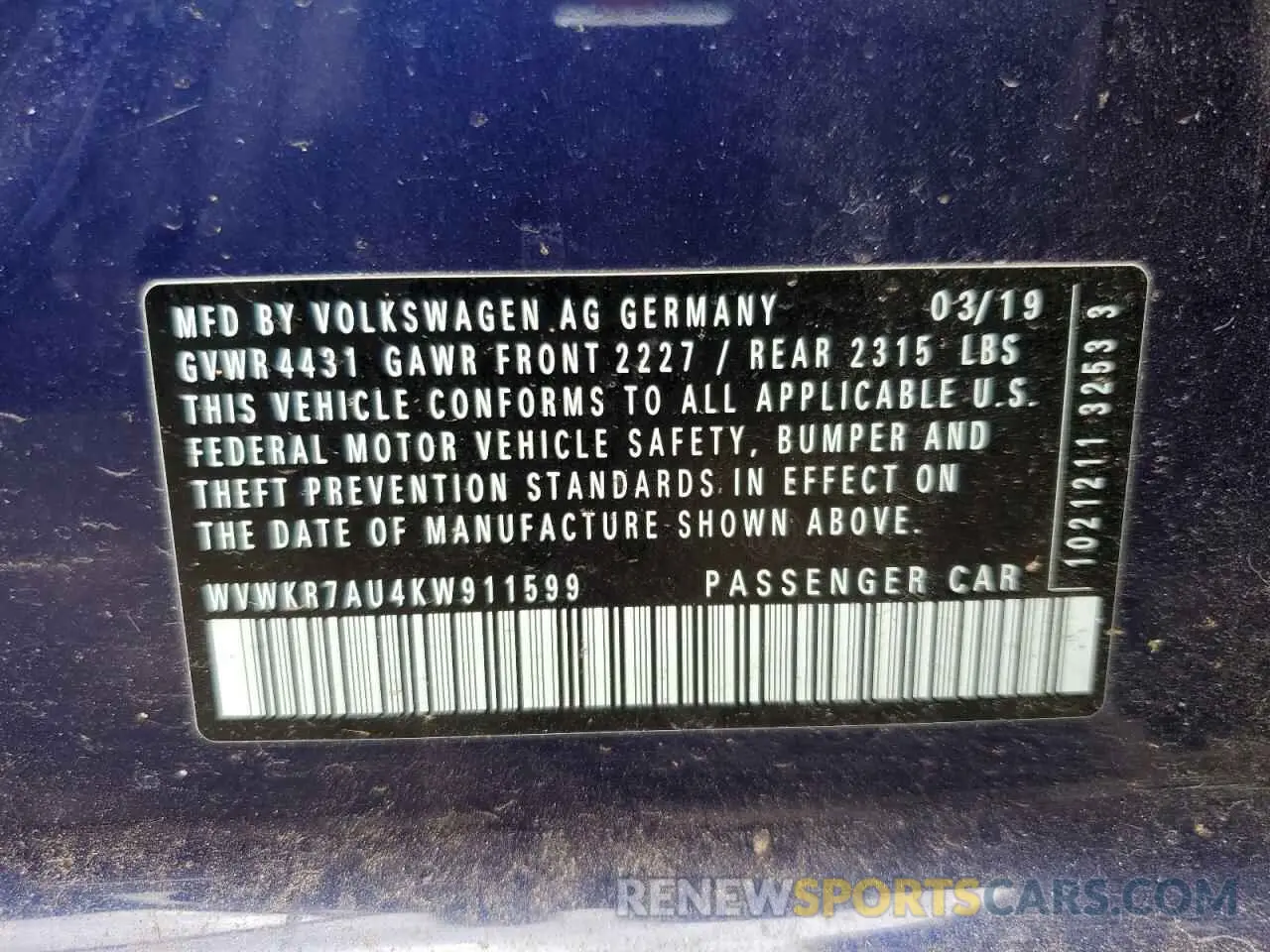 12 Photograph of a damaged car WVWKR7AU4KW911599 VOLKSWAGEN GOLF 2019