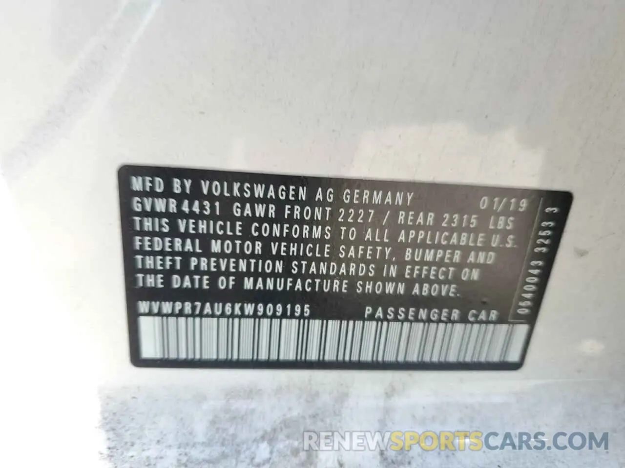 12 Photograph of a damaged car WVWPR7AU6KW909195 VOLKSWAGEN GOLF 2019