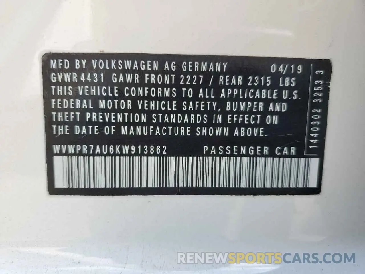 13 Photograph of a damaged car WVWPR7AU6KW913862 VOLKSWAGEN GOLF 2019