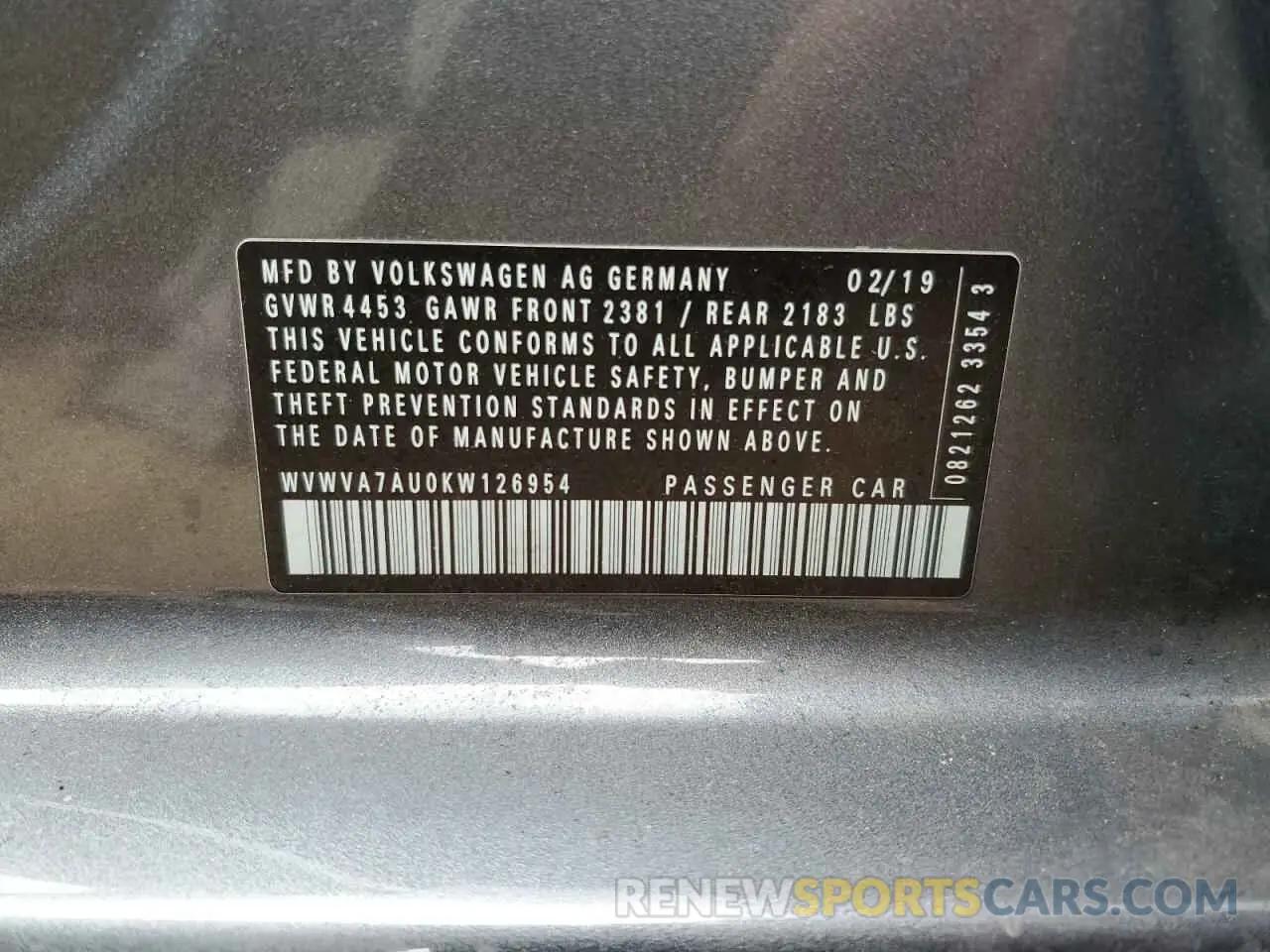 12 Photograph of a damaged car WVWVA7AU0KW126954 VOLKSWAGEN GOLF 2019