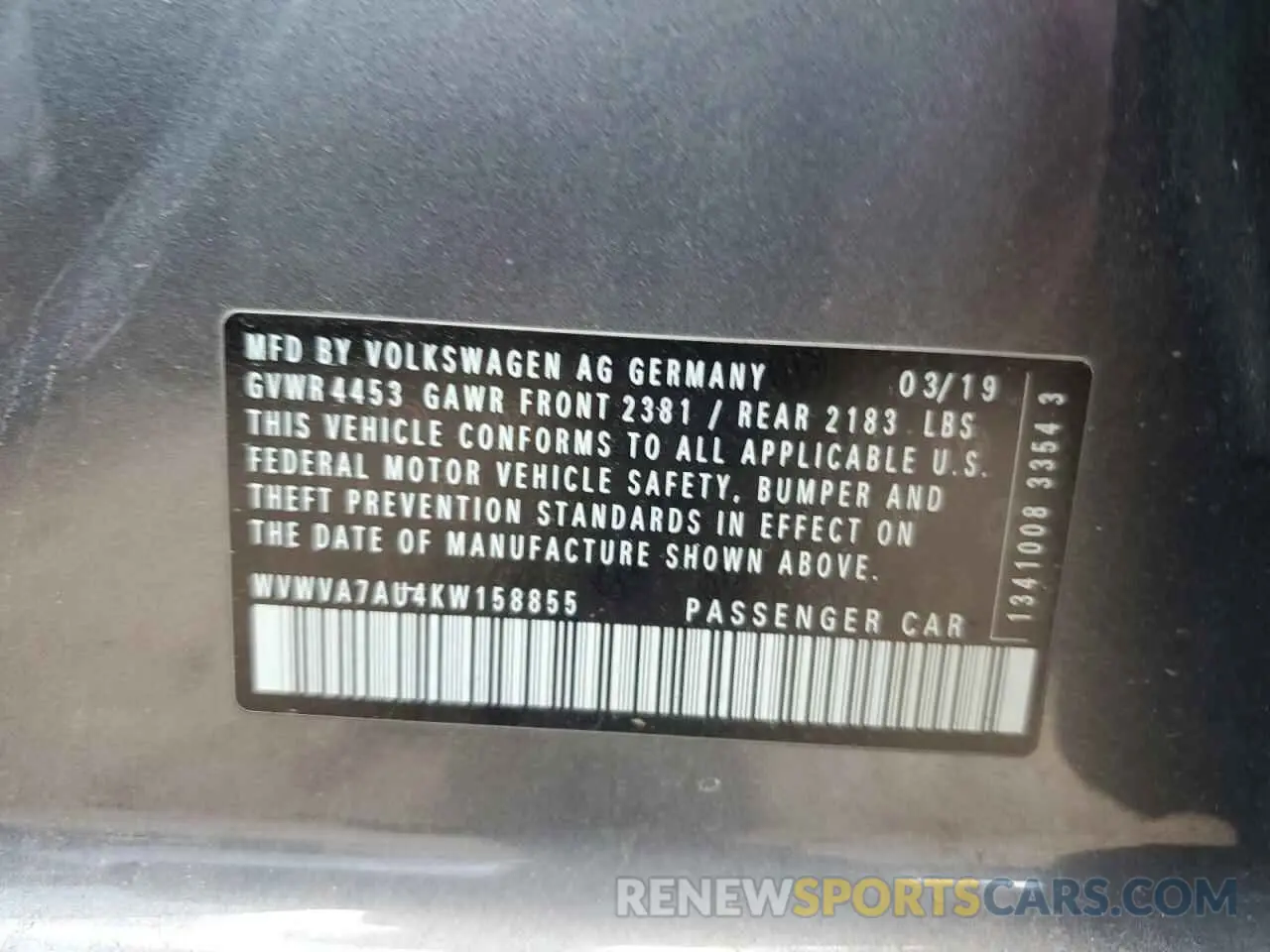 12 Photograph of a damaged car WVWVA7AU4KW158855 VOLKSWAGEN GOLF 2019