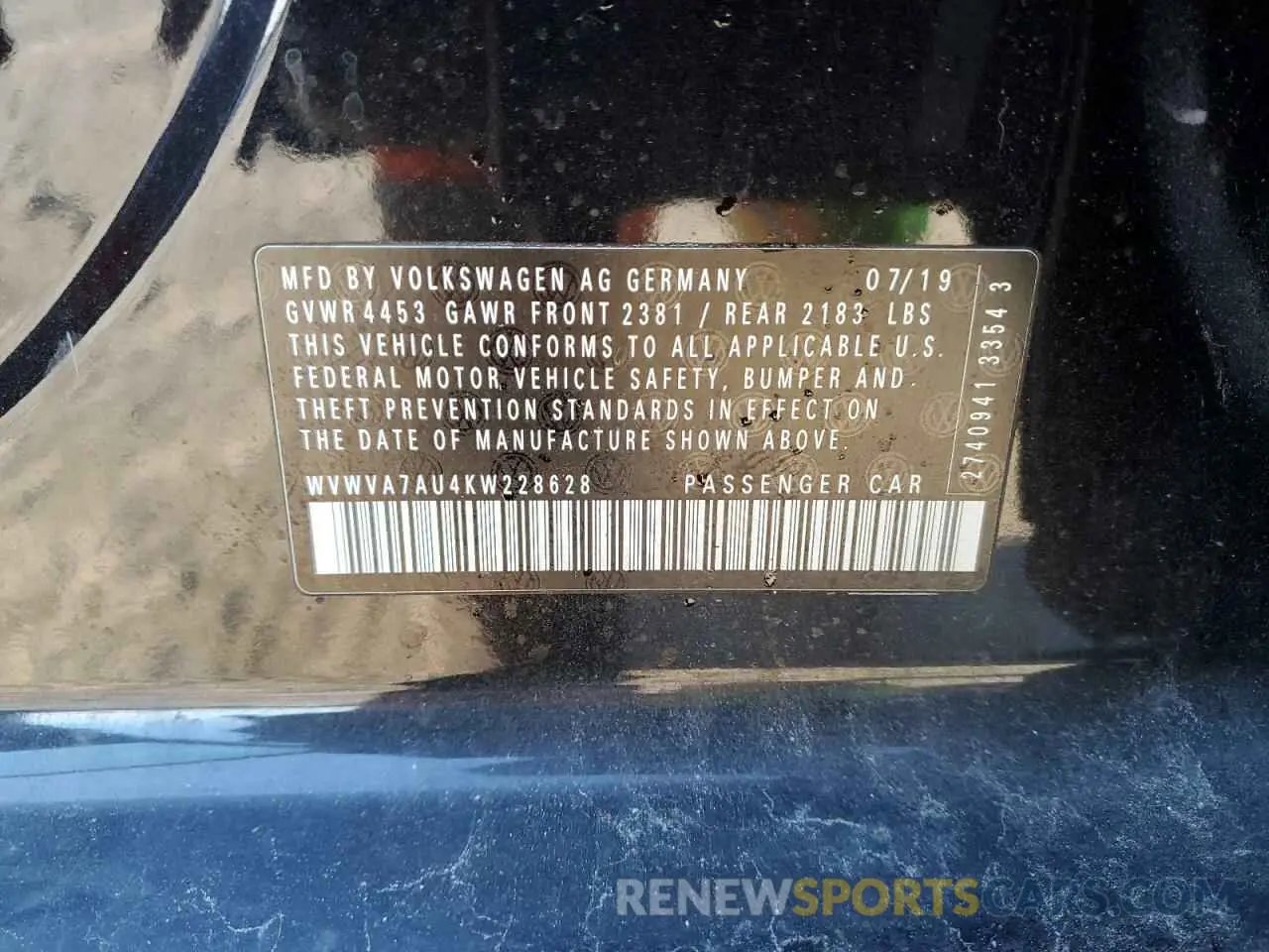 12 Photograph of a damaged car WVWVA7AU4KW228628 VOLKSWAGEN GOLF 2019