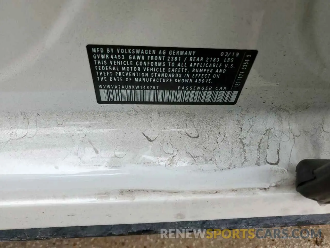 12 Photograph of a damaged car WVWVA7AU9KW148757 VOLKSWAGEN GOLF 2019