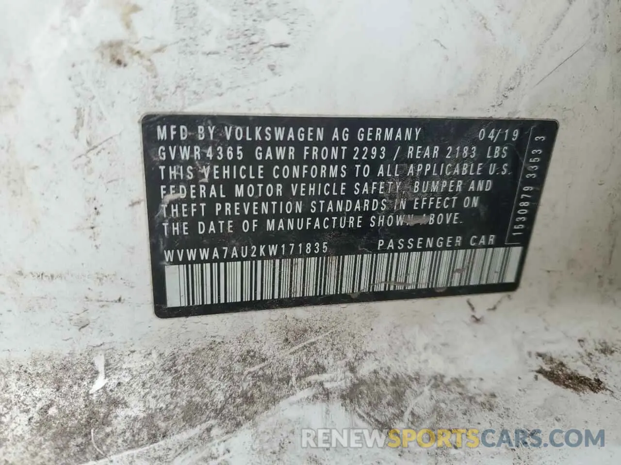 13 Photograph of a damaged car WVWWA7AU2KW171835 VOLKSWAGEN GOLF 2019