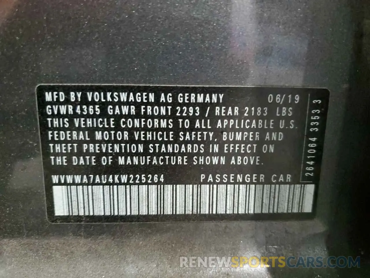 13 Photograph of a damaged car WVWWA7AU4KW225264 VOLKSWAGEN GOLF 2019