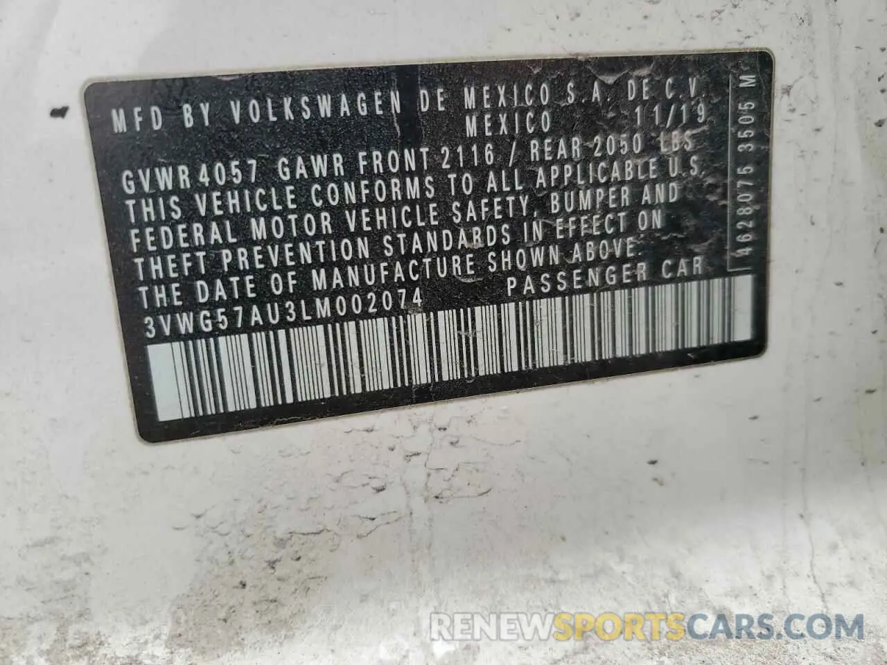 13 Photograph of a damaged car 3VWG57AU3LM002074 VOLKSWAGEN GOLF 2020
