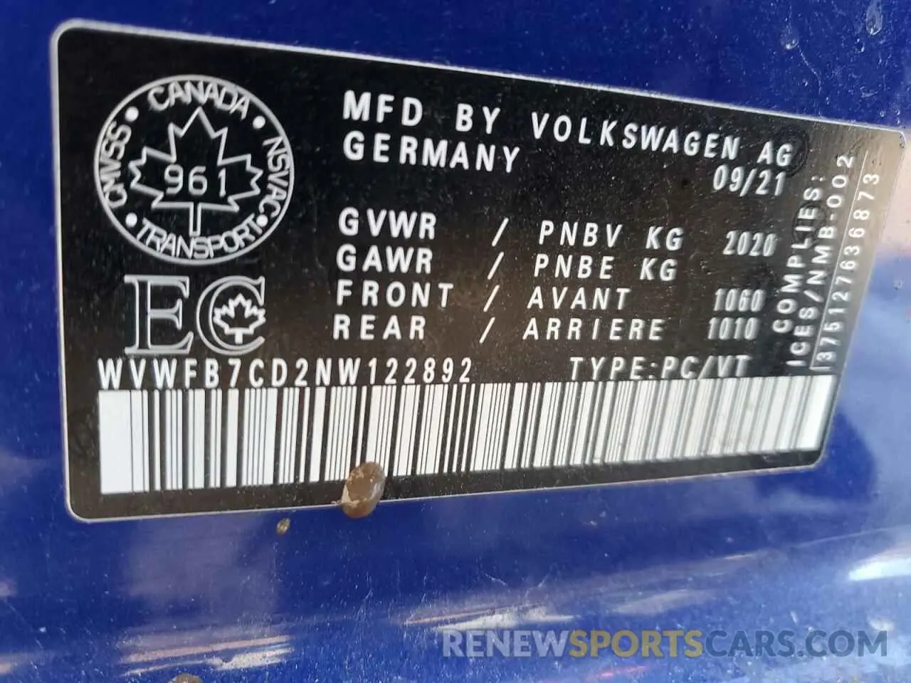 12 Photograph of a damaged car WVWFB7CD2NW122892 VOLKSWAGEN GOLF 2022