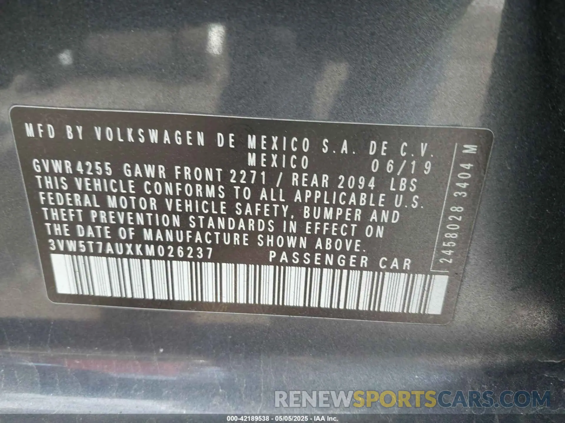 9 Photograph of a damaged car 3VW5T7AUXKM026237 VOLKSWAGEN GOLF GTI 2019
