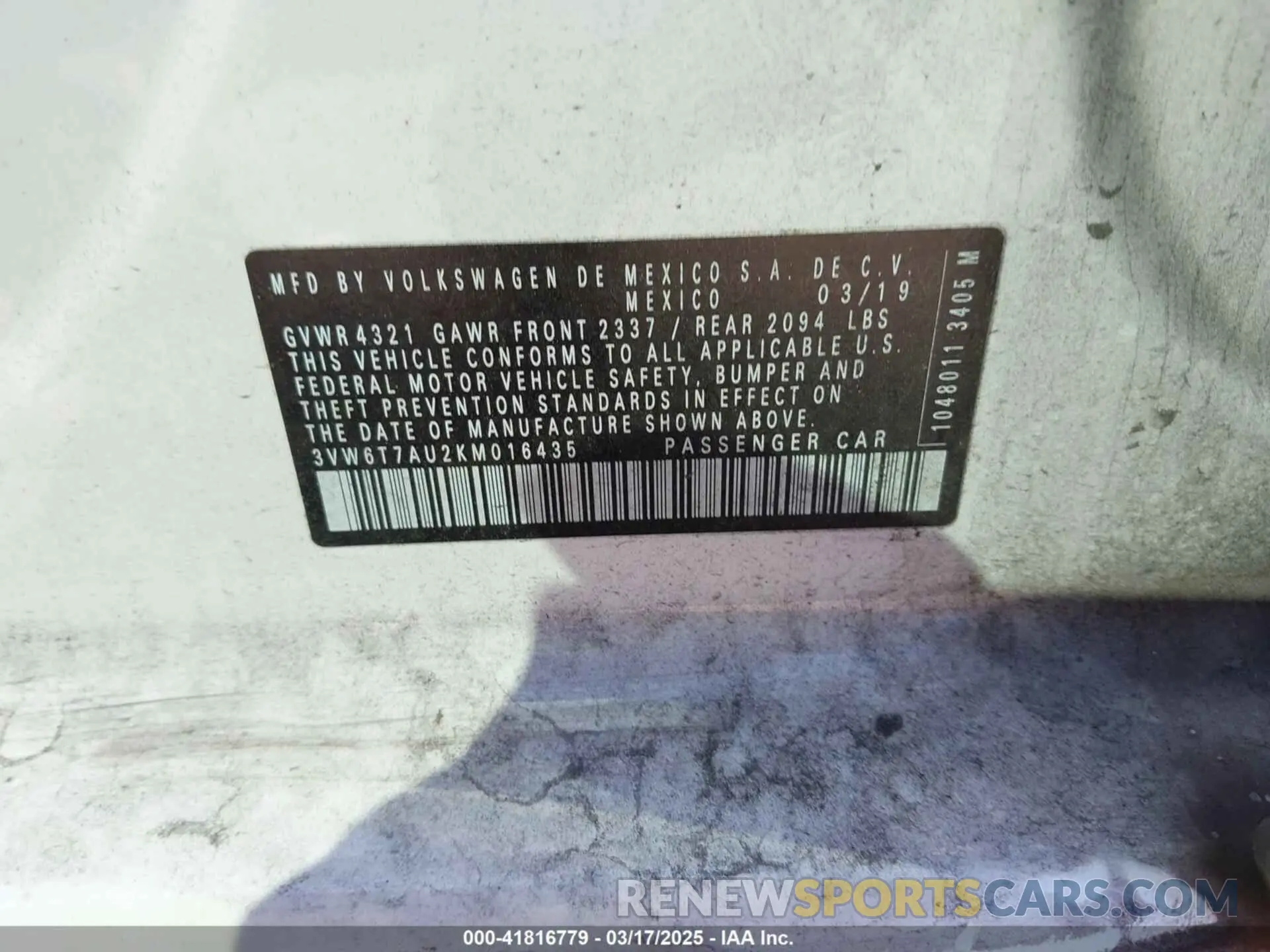 9 Photograph of a damaged car 3VW6T7AU2KM016435 VOLKSWAGEN GOLF GTI 2019