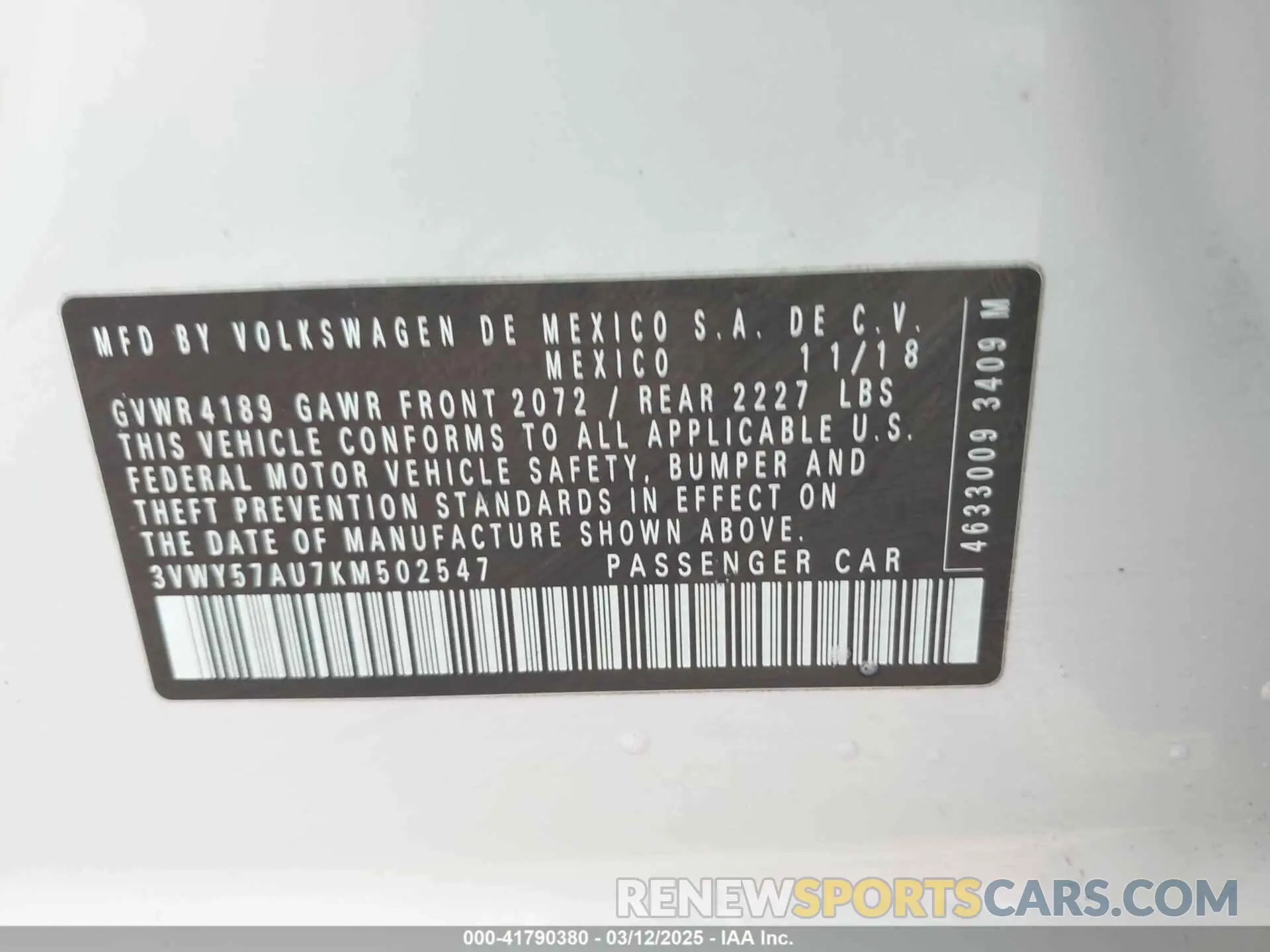 9 Photograph of a damaged car 3VWY57AU7KM502547 VOLKSWAGEN GOLF SPORTWAGEN 2019