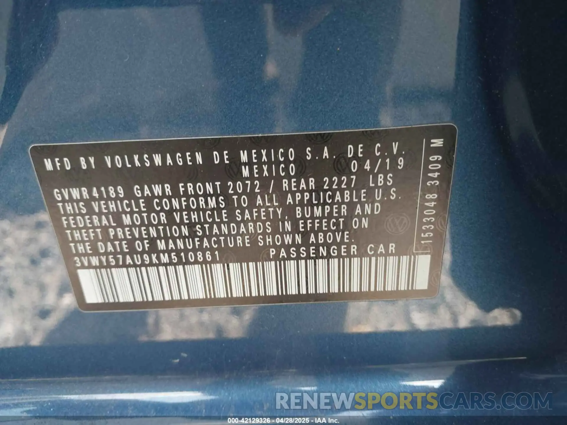 9 Photograph of a damaged car 3VWY57AU9KM510861 VOLKSWAGEN GOLF SPORTWAGEN 2019