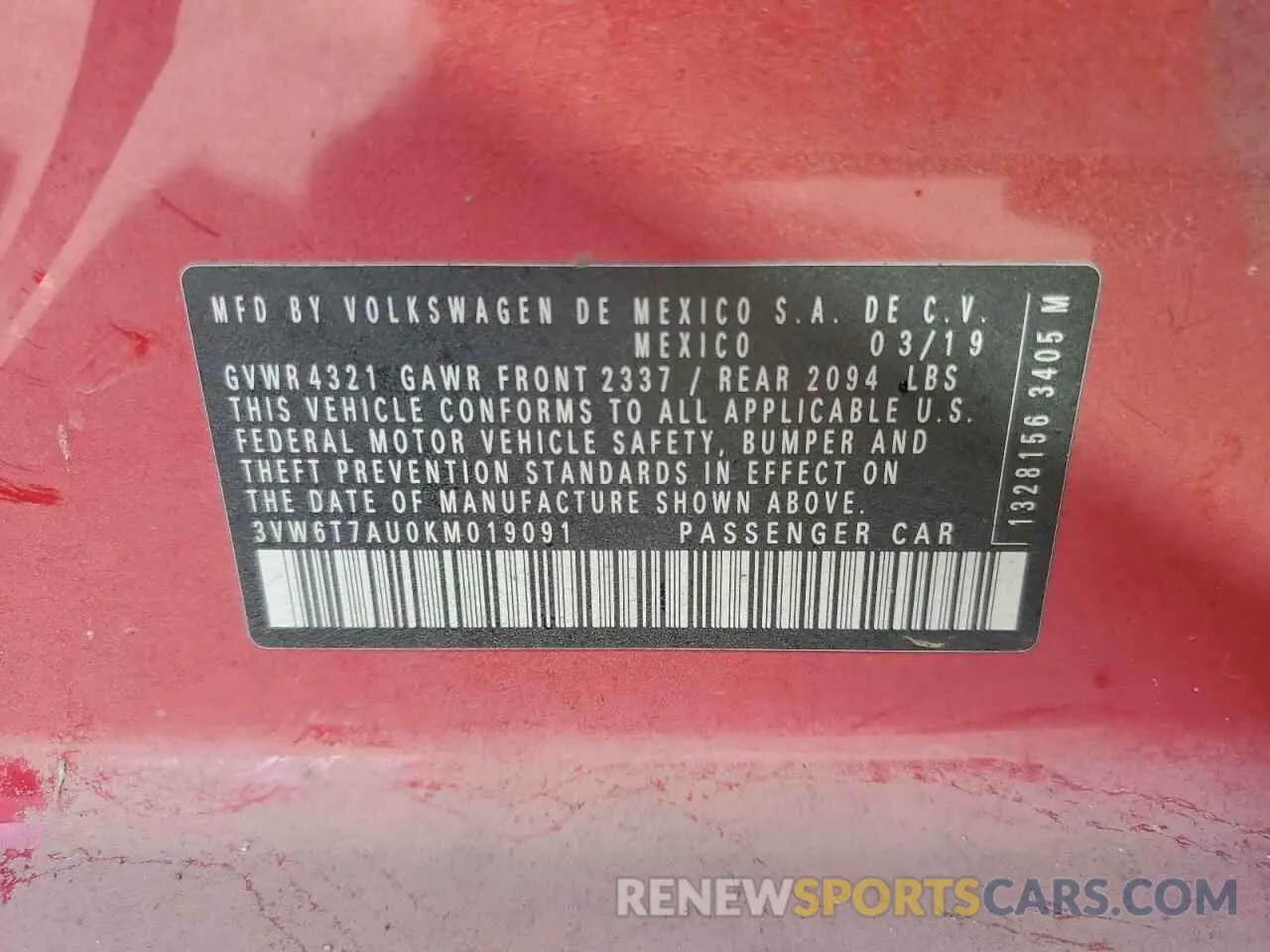 14 Photograph of a damaged car 3VW6T7AU0KM019091 VOLKSWAGEN GTI 2019