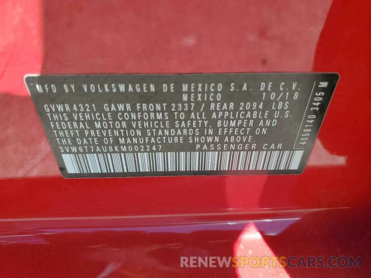 12 Photograph of a damaged car 3VW6T7AU8KM002247 VOLKSWAGEN GTI 2019
