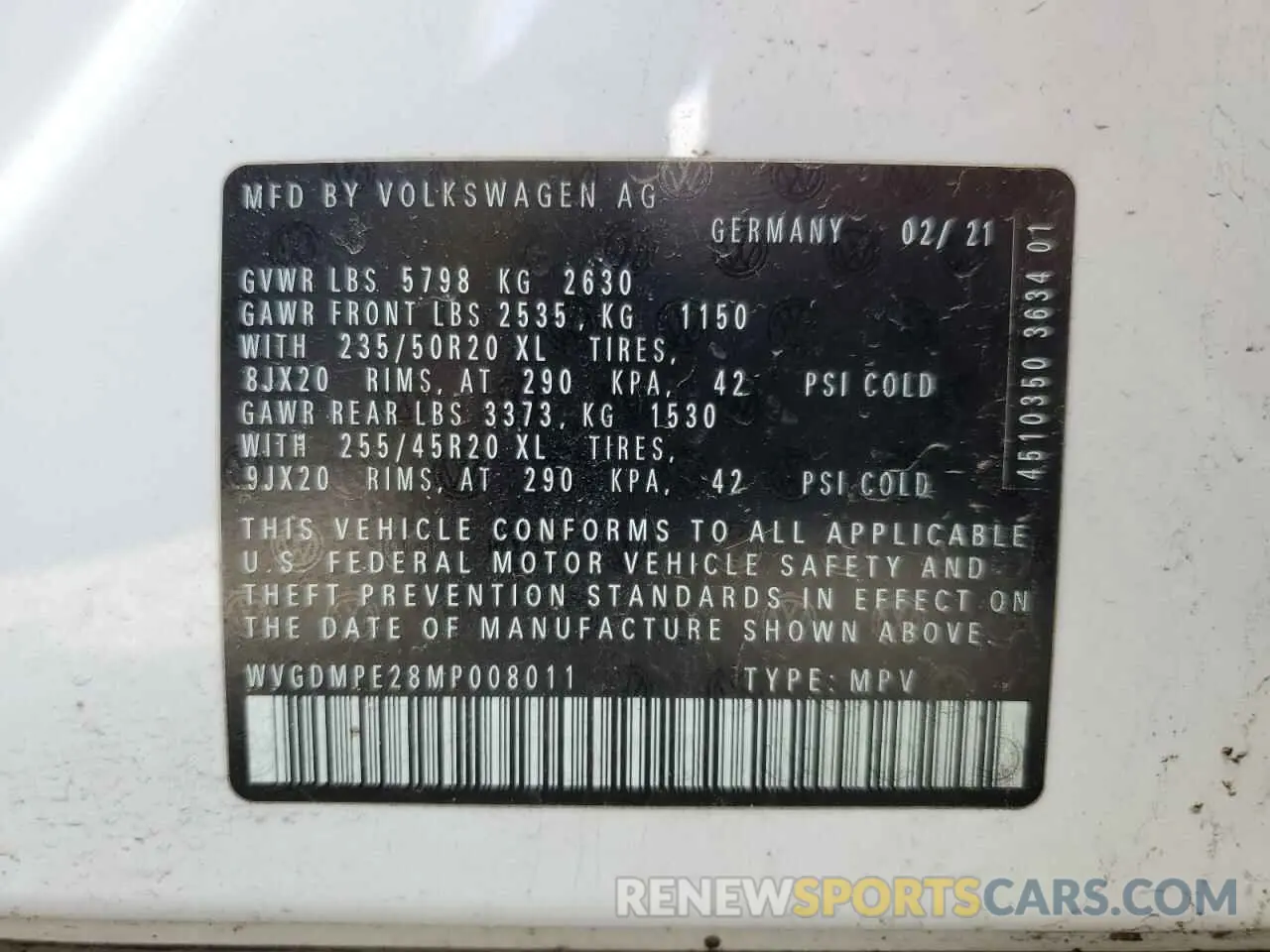 16 Photograph of a damaged car WVGDMPE28MP008011 VOLKSWAGEN ID.4 FIRST 2021