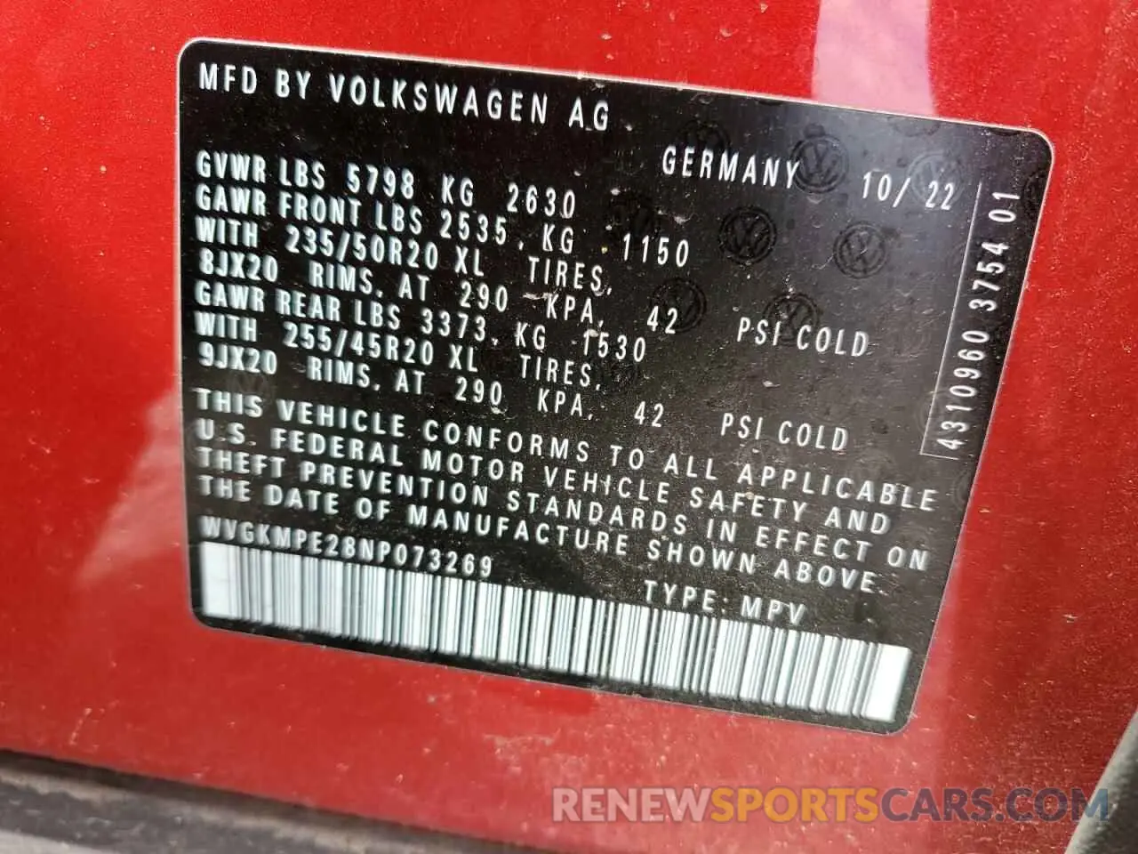 14 Photograph of a damaged car WVGKMPE28NP073269 VOLKSWAGEN ID.4 PRO S 2022