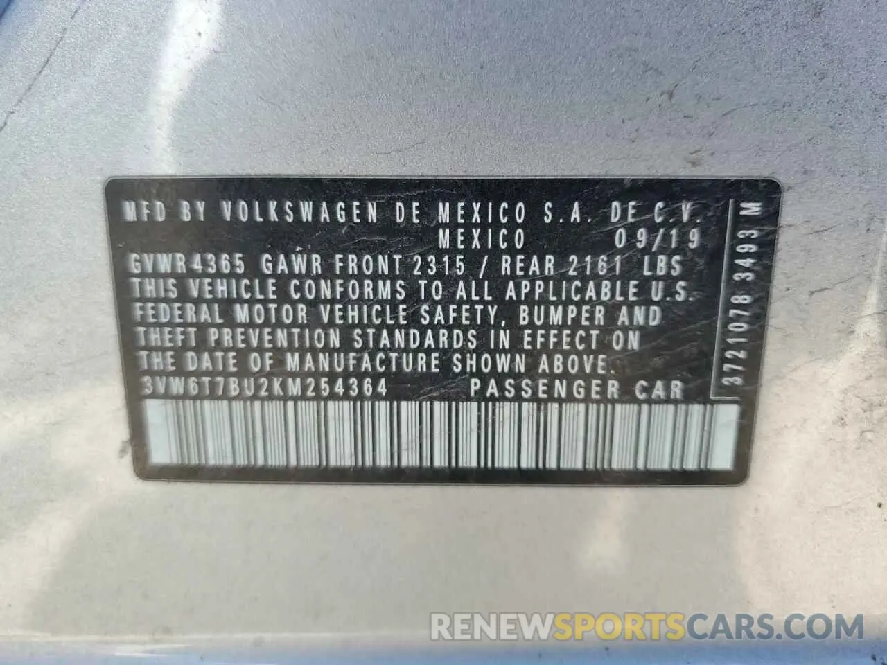 15 Photograph of a damaged car 3VW6T7BU2KM254364 VOLKSWAGEN JETTA 2019