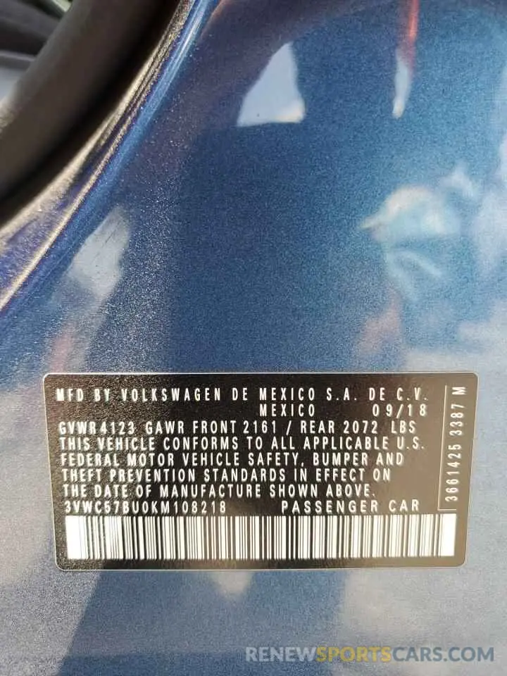 12 Photograph of a damaged car 3VWC57BU0KM108218 VOLKSWAGEN JETTA 2019