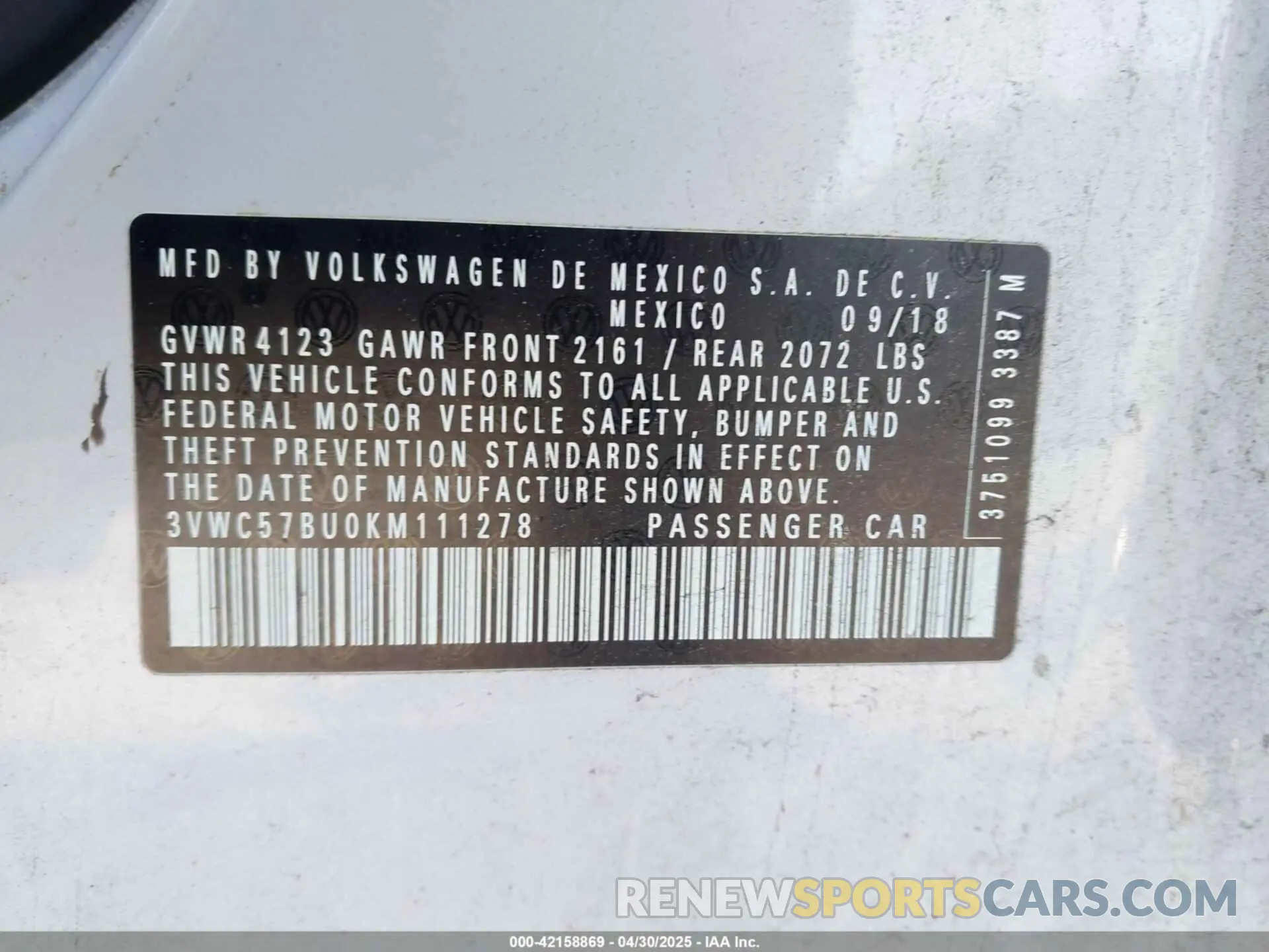 9 Photograph of a damaged car 3VWC57BU0KM111278 VOLKSWAGEN JETTA 2019