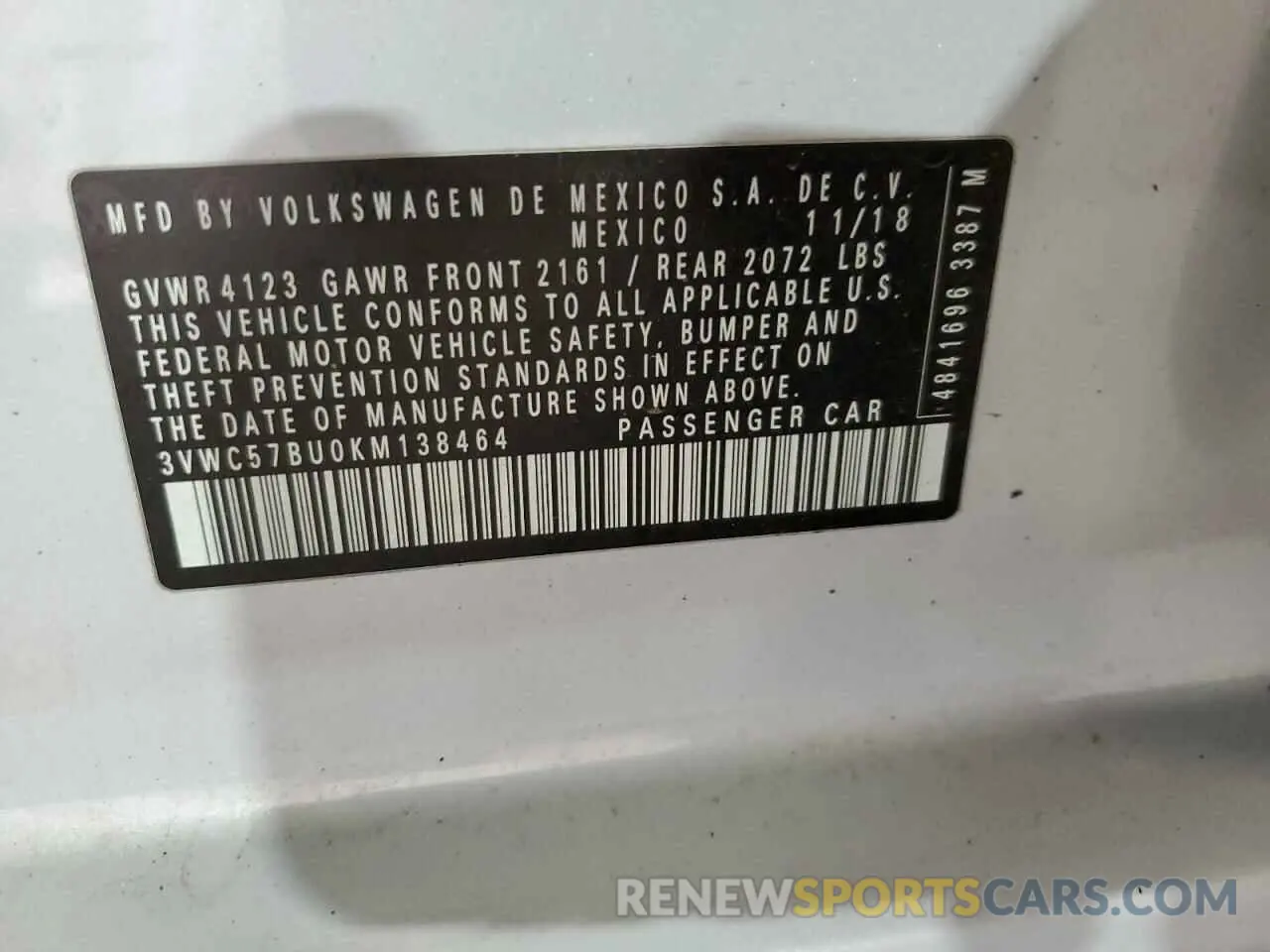 12 Photograph of a damaged car 3VWC57BU0KM138464 VOLKSWAGEN JETTA 2019