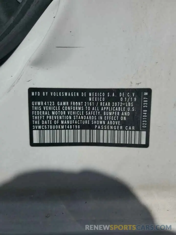 12 Photograph of a damaged car 3VWC57BU0KM148198 VOLKSWAGEN JETTA 2019