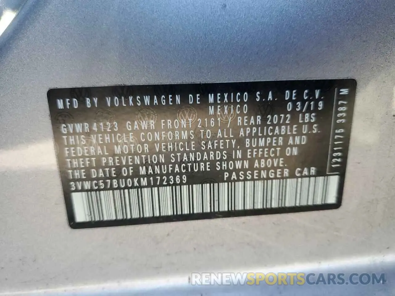 12 Photograph of a damaged car 3VWC57BU0KM172369 VOLKSWAGEN JETTA 2019