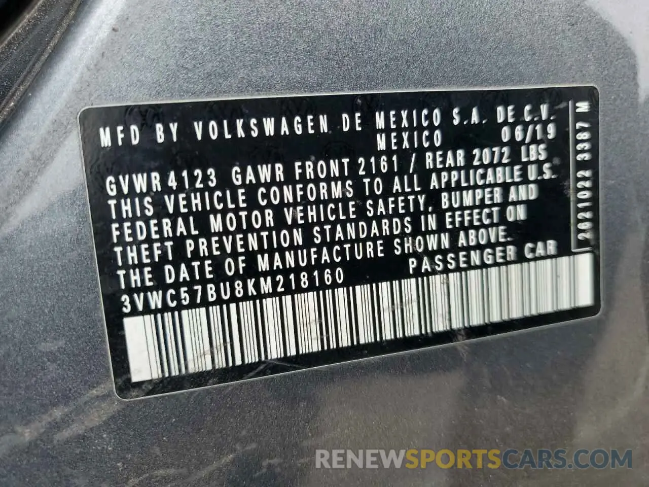 12 Photograph of a damaged car 3VWC57BU8KM218160 VOLKSWAGEN JETTA 2019