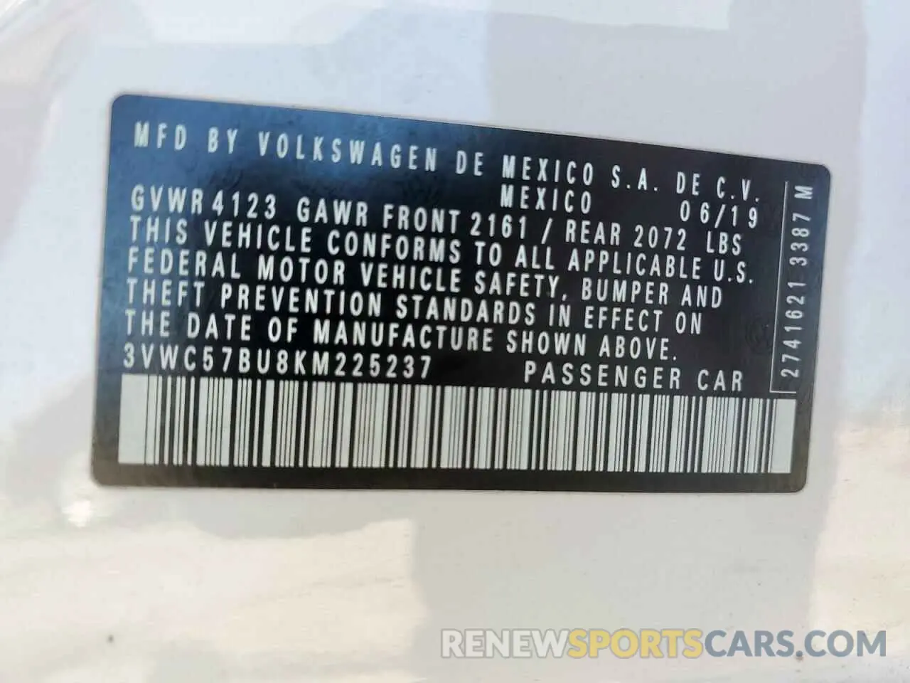 12 Photograph of a damaged car 3VWC57BU8KM225237 VOLKSWAGEN JETTA 2019