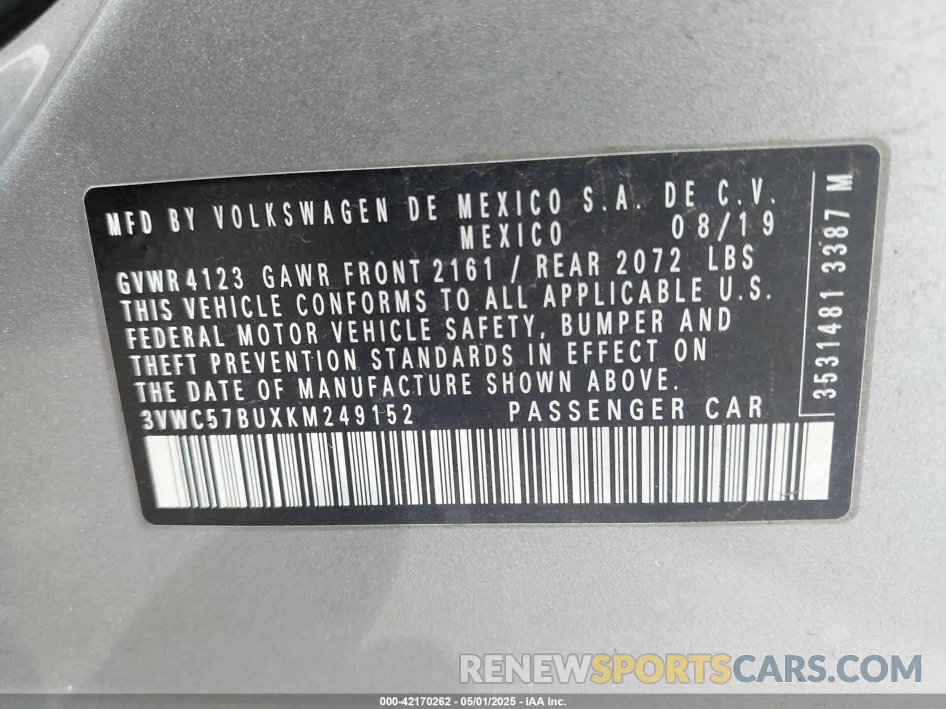 9 Photograph of a damaged car 3VWC57BUXKM249152 VOLKSWAGEN JETTA 2019