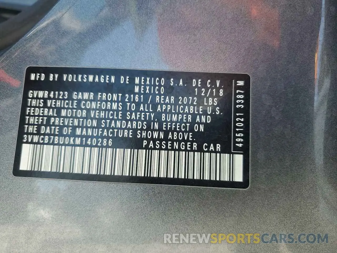 12 Photograph of a damaged car 3VWCB7BU0KM140286 VOLKSWAGEN JETTA 2019