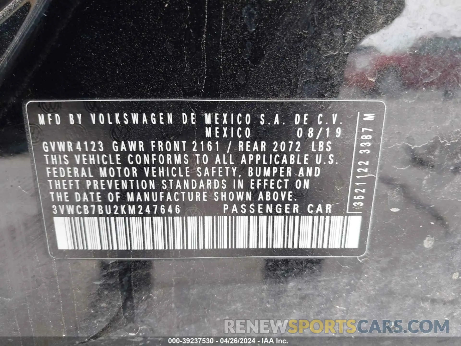 9 Photograph of a damaged car 3VWCB7BU2KM247646 VOLKSWAGEN JETTA 2019